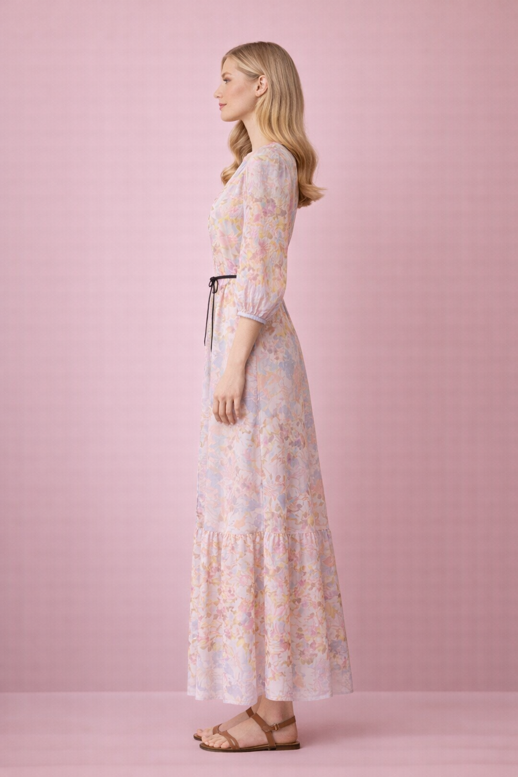 Pastel Floral Tie-Waist Maxi Dress