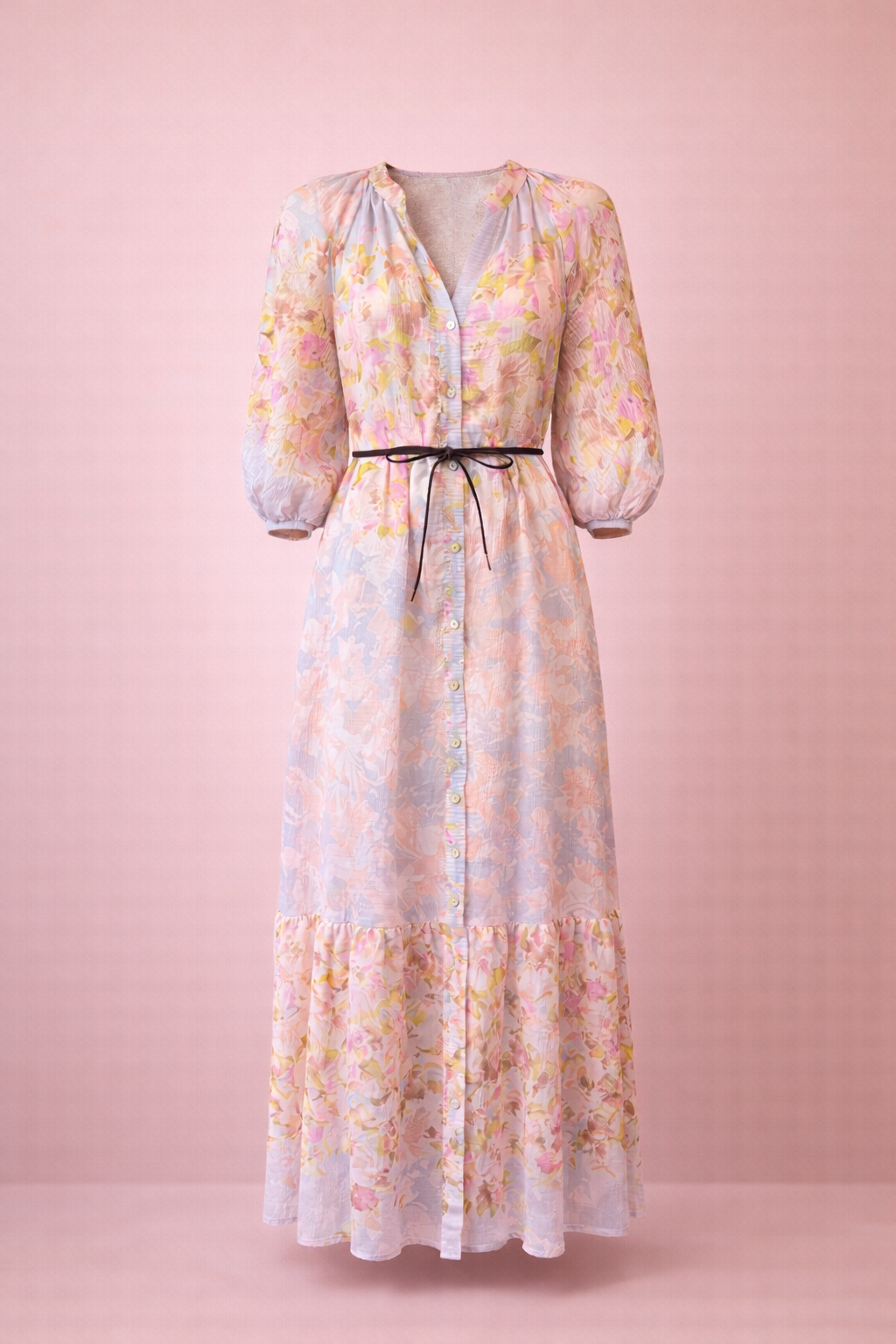 Pastel Floral Tie-Waist Maxi Dress