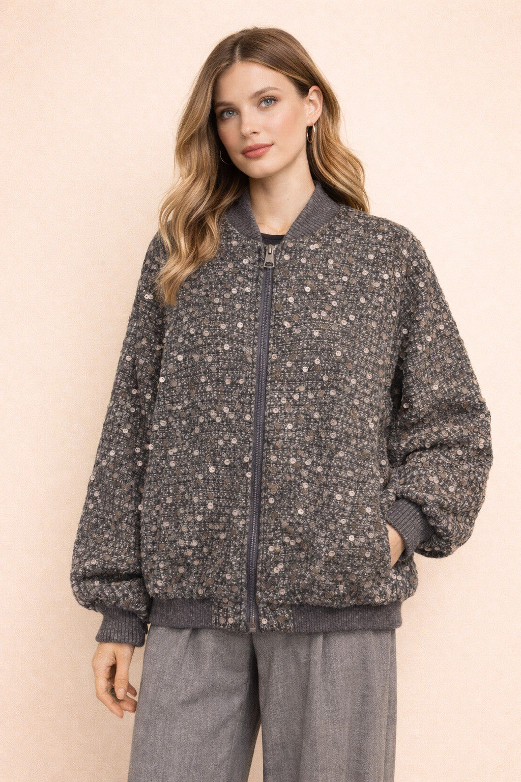 Blouson bombardier en tweed gris coupe décontractée