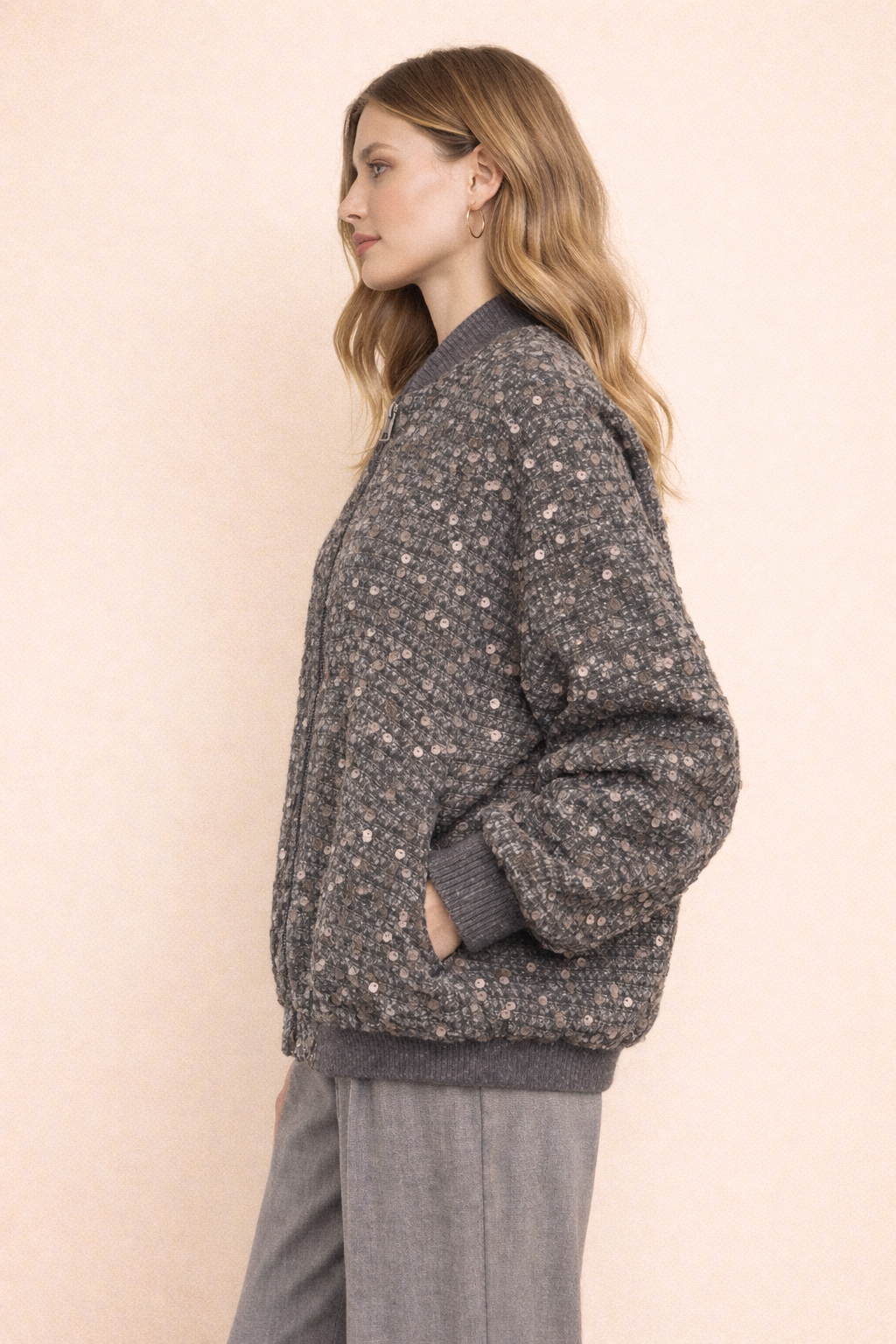 Blouson bombardier en tweed gris coupe décontractée