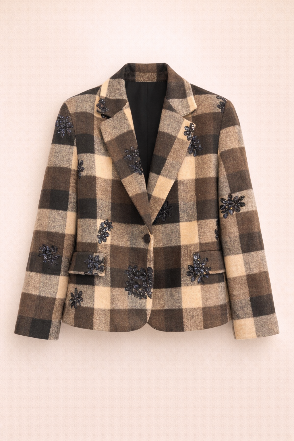 Check print jacket with sequin embroideries