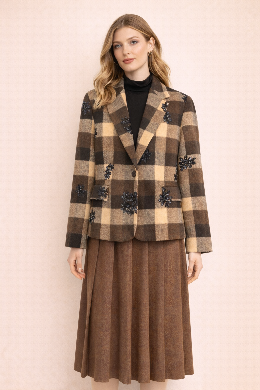 Check print jacket with sequin embroideries