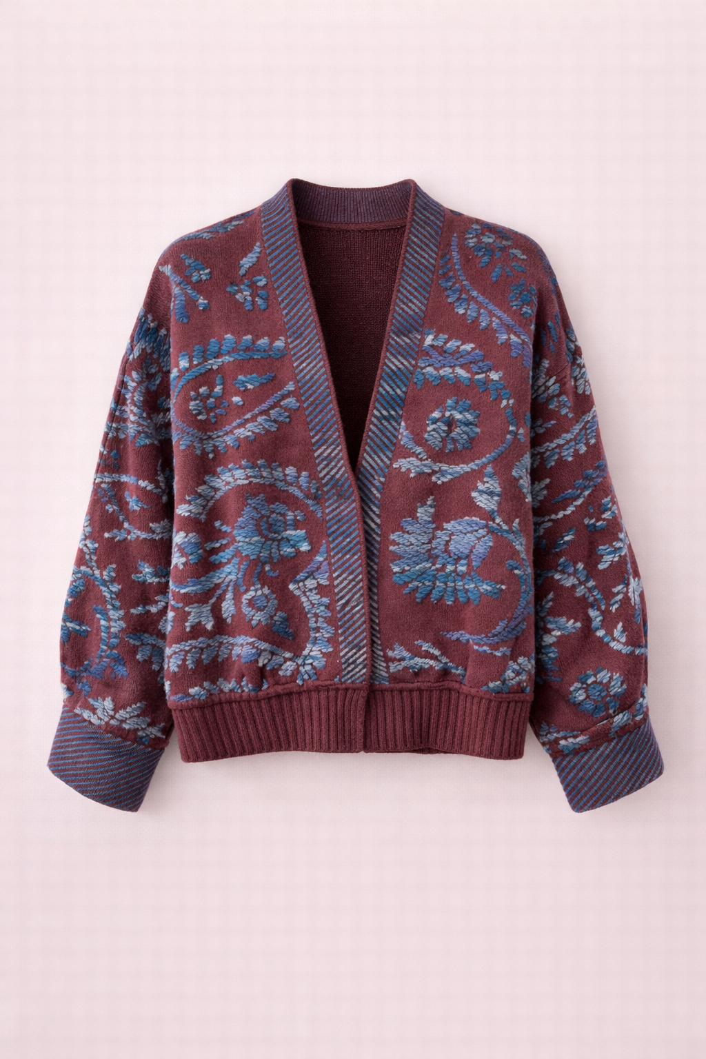 Relaxed fit burgundy printed cardigan