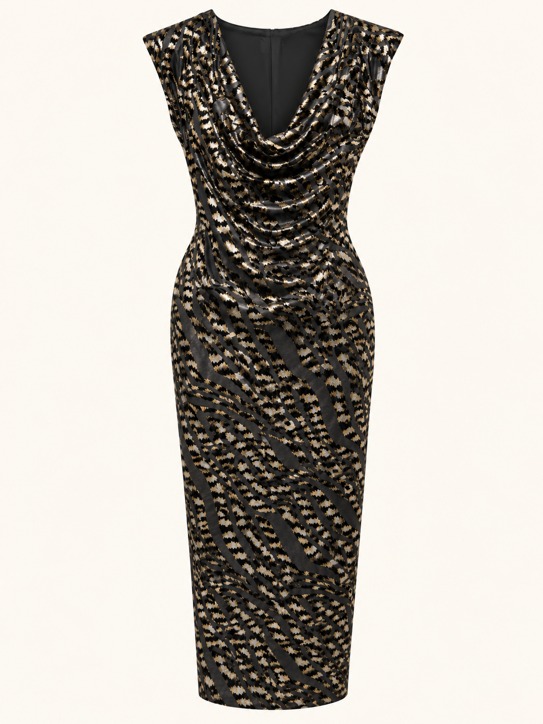 Black & Silver Metallic Jacquard Cowl Neck Midi Dress - Party Dress