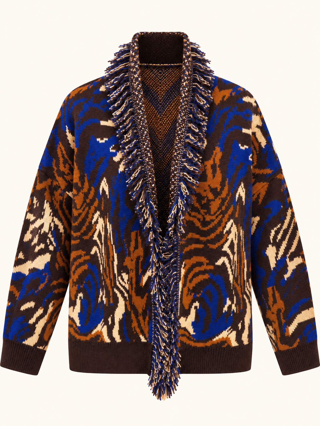 Women's Relaxed Fit Fringed Jacquard Knit Cardigan - Brown, Cobalt Blue & Rust
