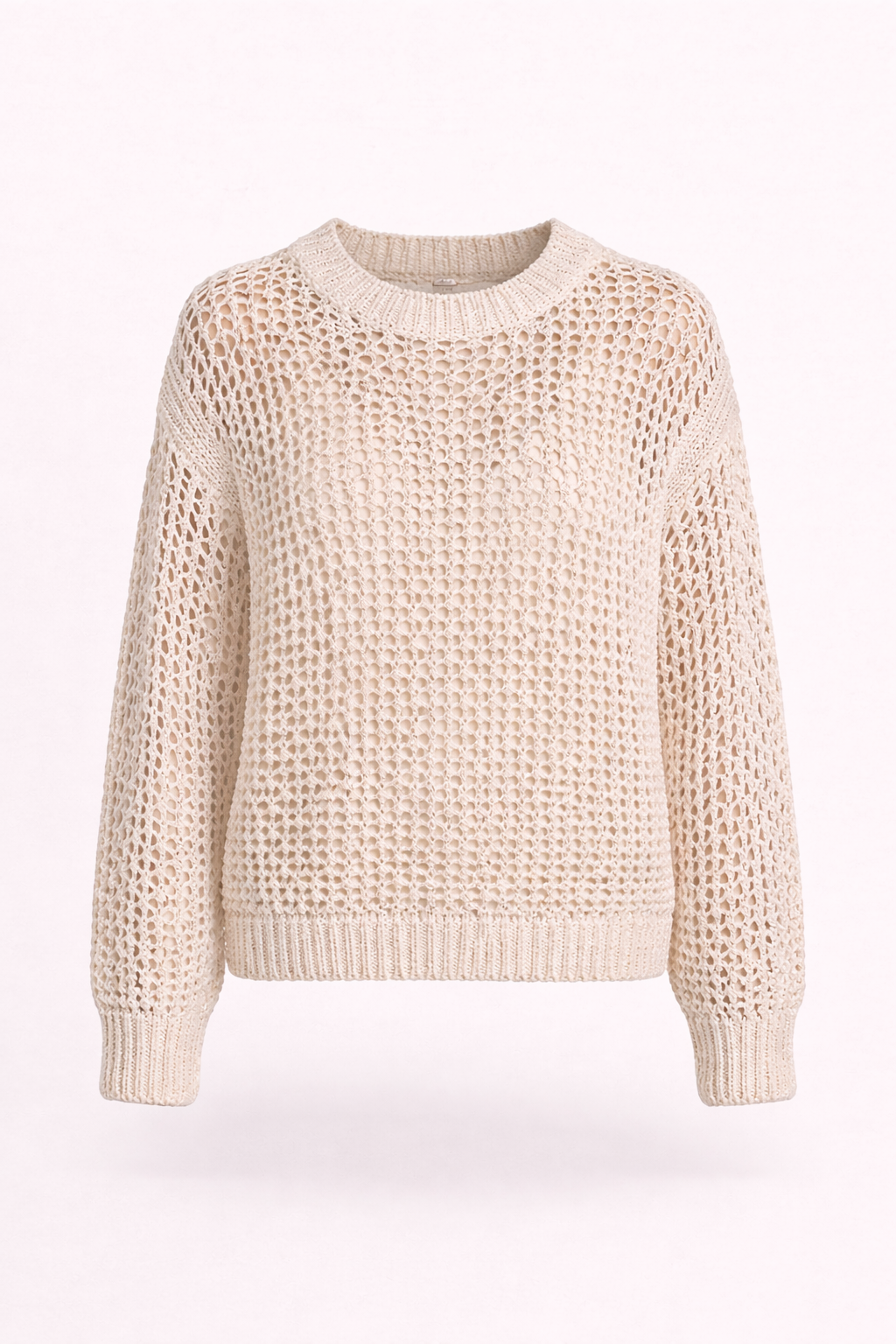 Relaxed Fit Cream Open Knit Sequin Sweater – Lightweight Crochet Knit Pullover