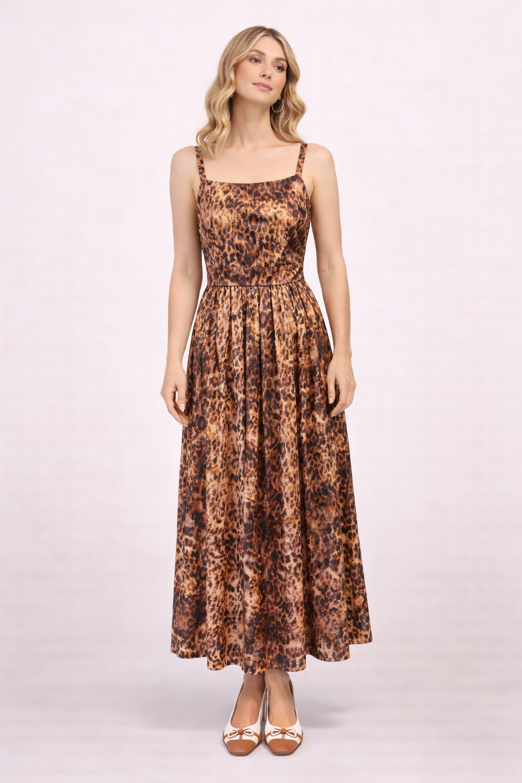 Leopard Print Midi Dress - Square Neck Sleeveless Elegant Summer Dress