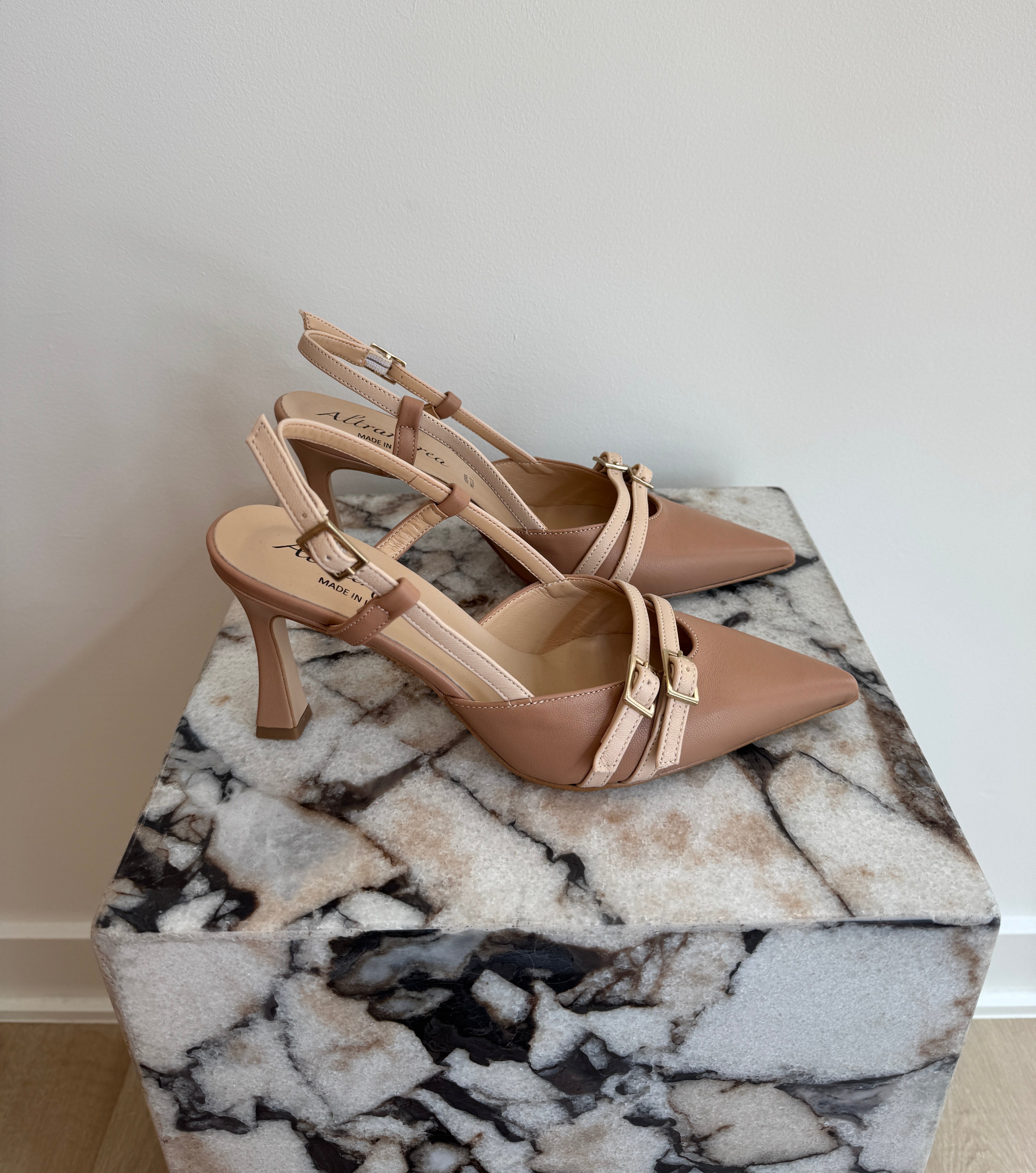 Women's Italian Leather Slingback Pumps - Nude Pointed Toe Kitten Heels With Buckle Detail