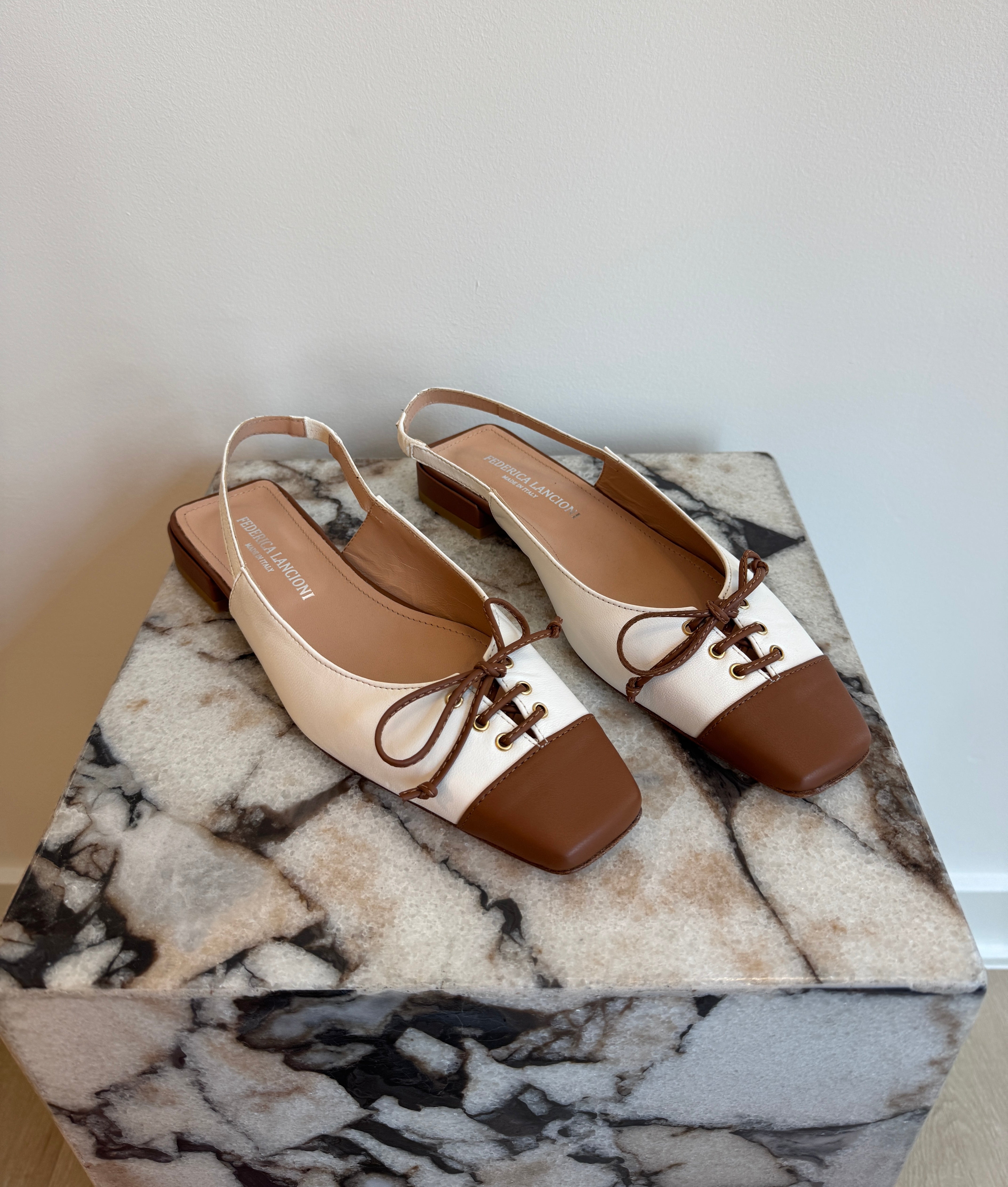 Women's Italian Leather Two-Tone Slingback Ballet Flats - Brown & Cream Square Toe