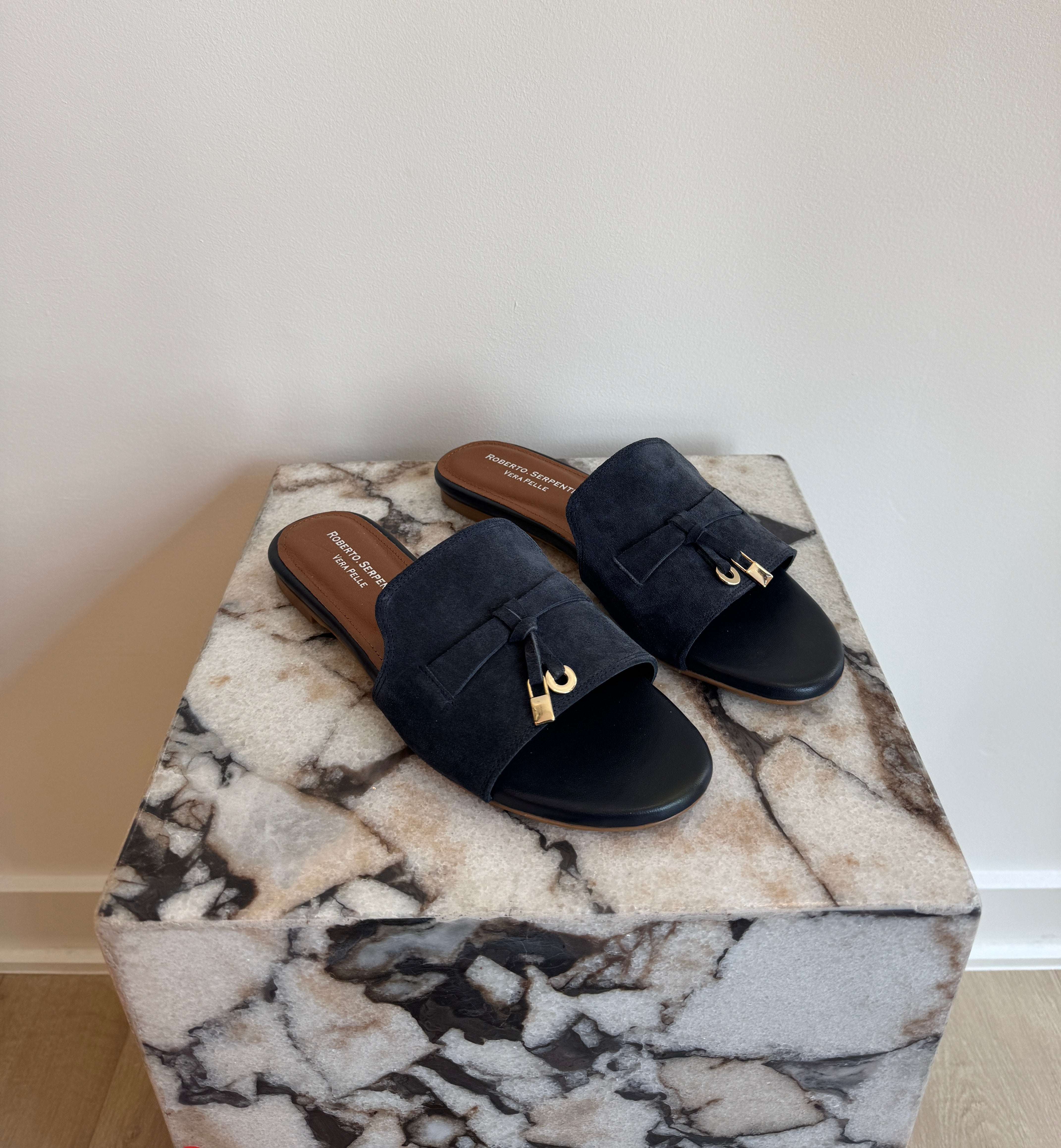Women's Italian Suede Slide Sandals - Navy Leather Flat Mules