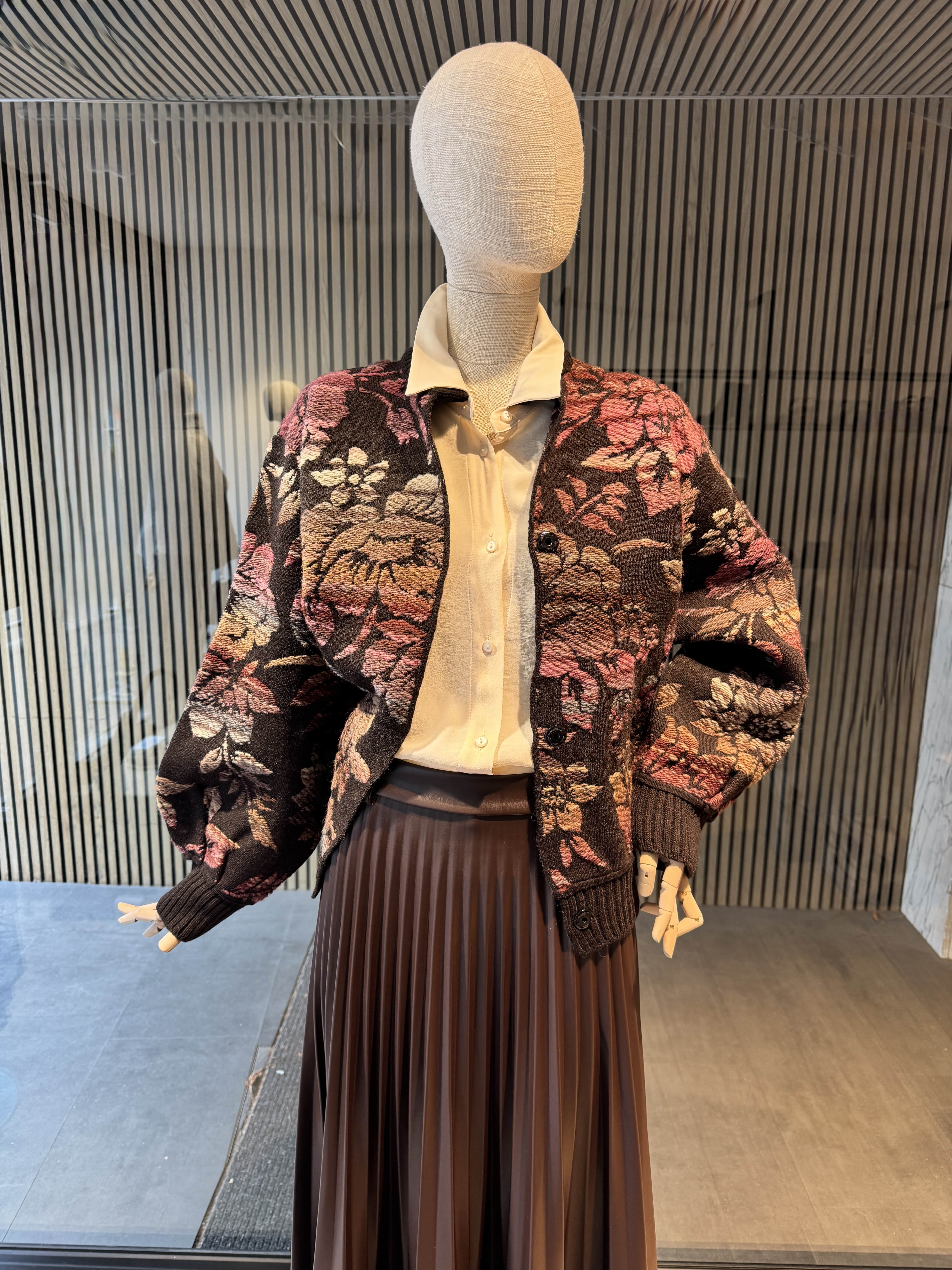 Relaxed fit chocolate printed knitted bomber jacket