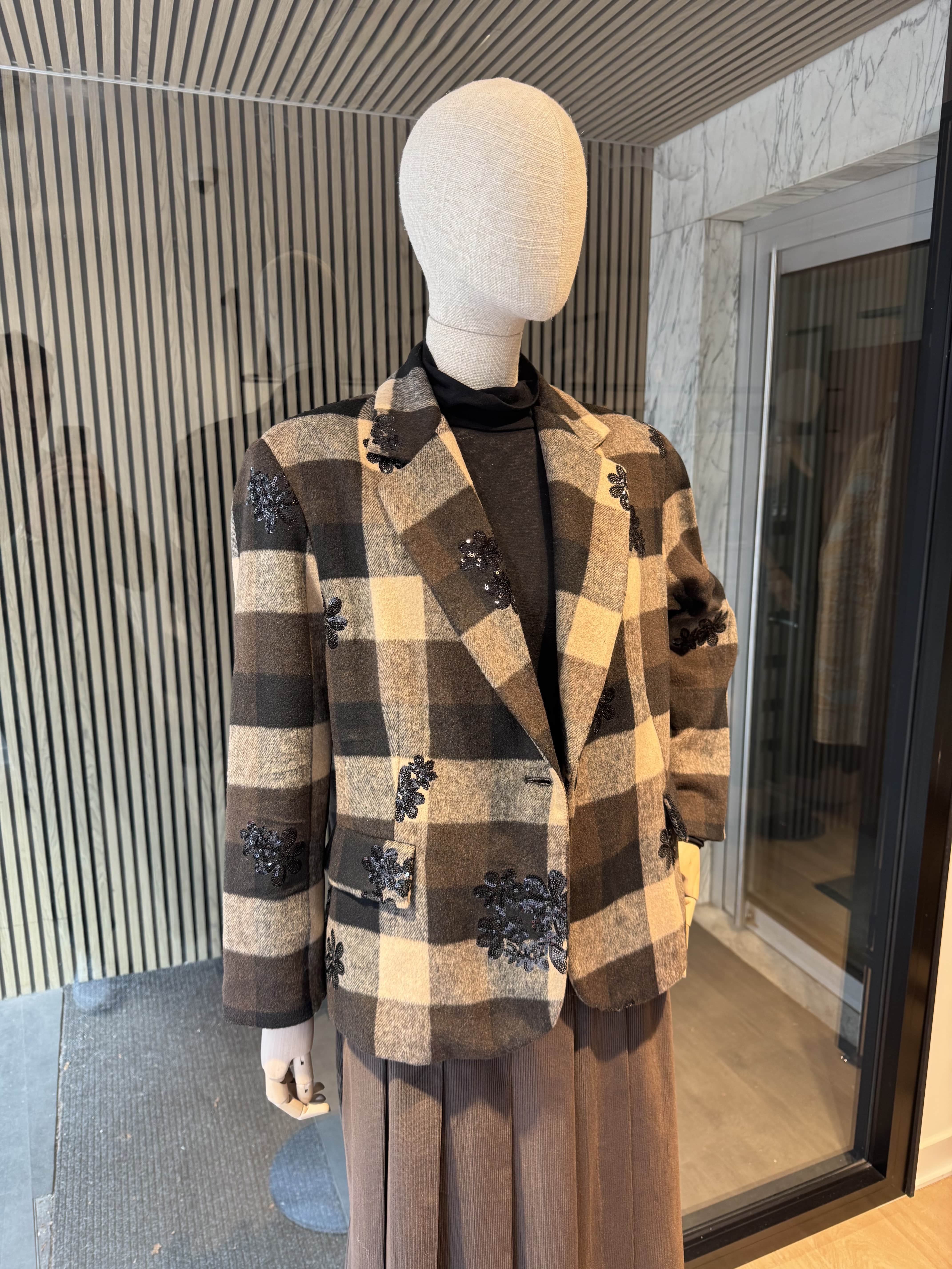 Check print jacket with sequin embroideries