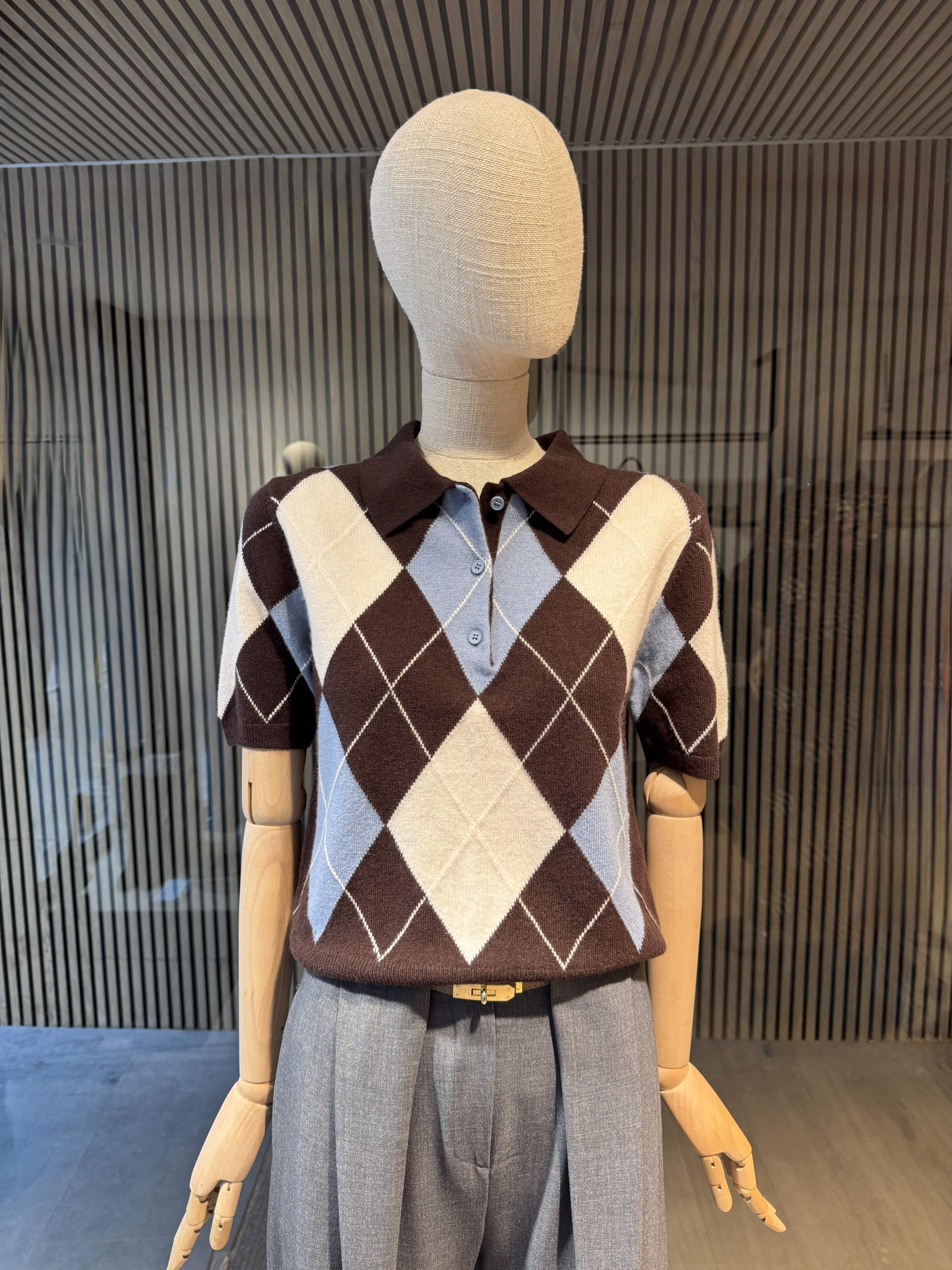 Short sleeves wool brown/blue/cream polo t-shirt