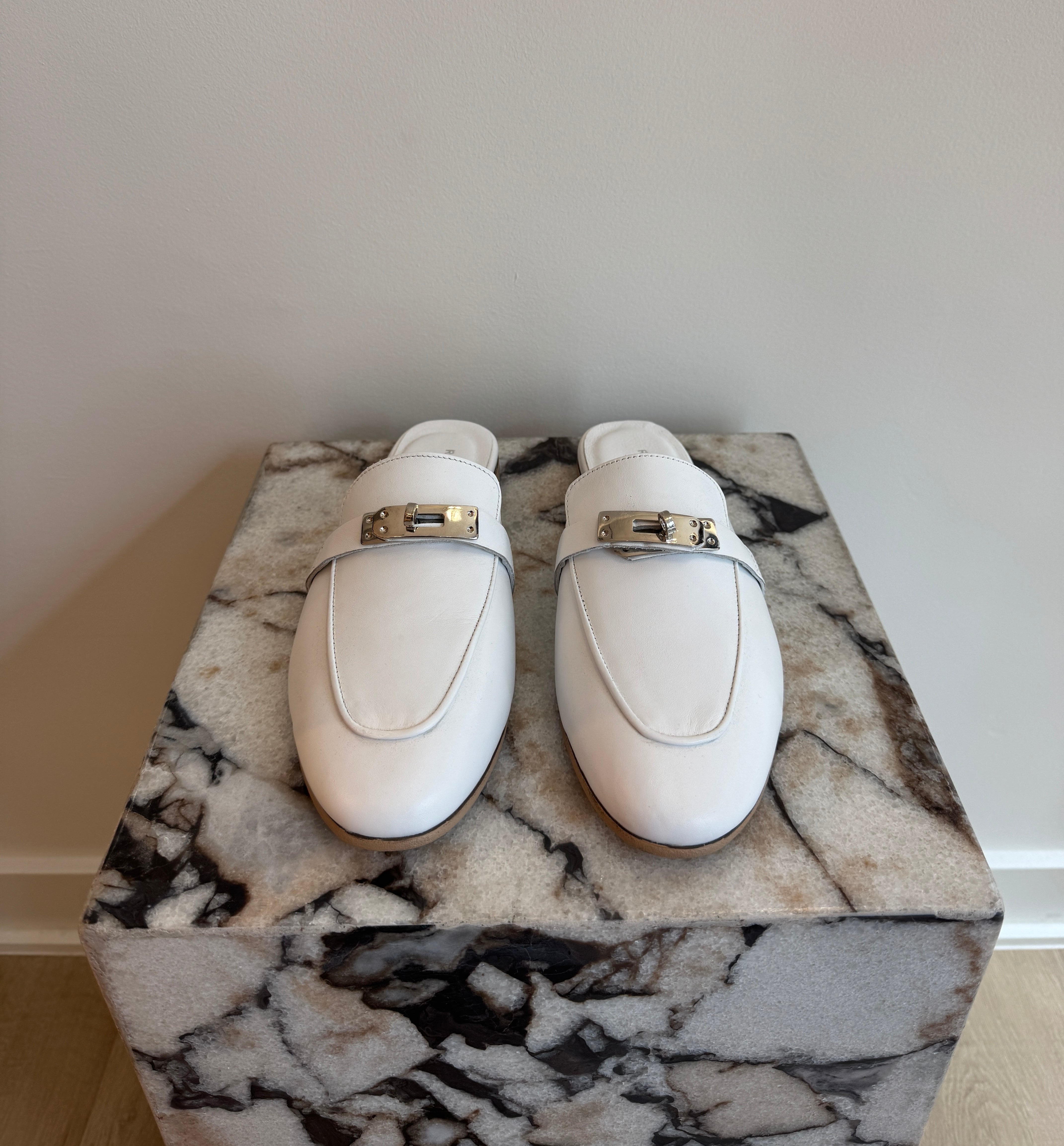 Women's Italian Leather Backless Loafers - White Slip-On Mule Flats With Silver Hardware