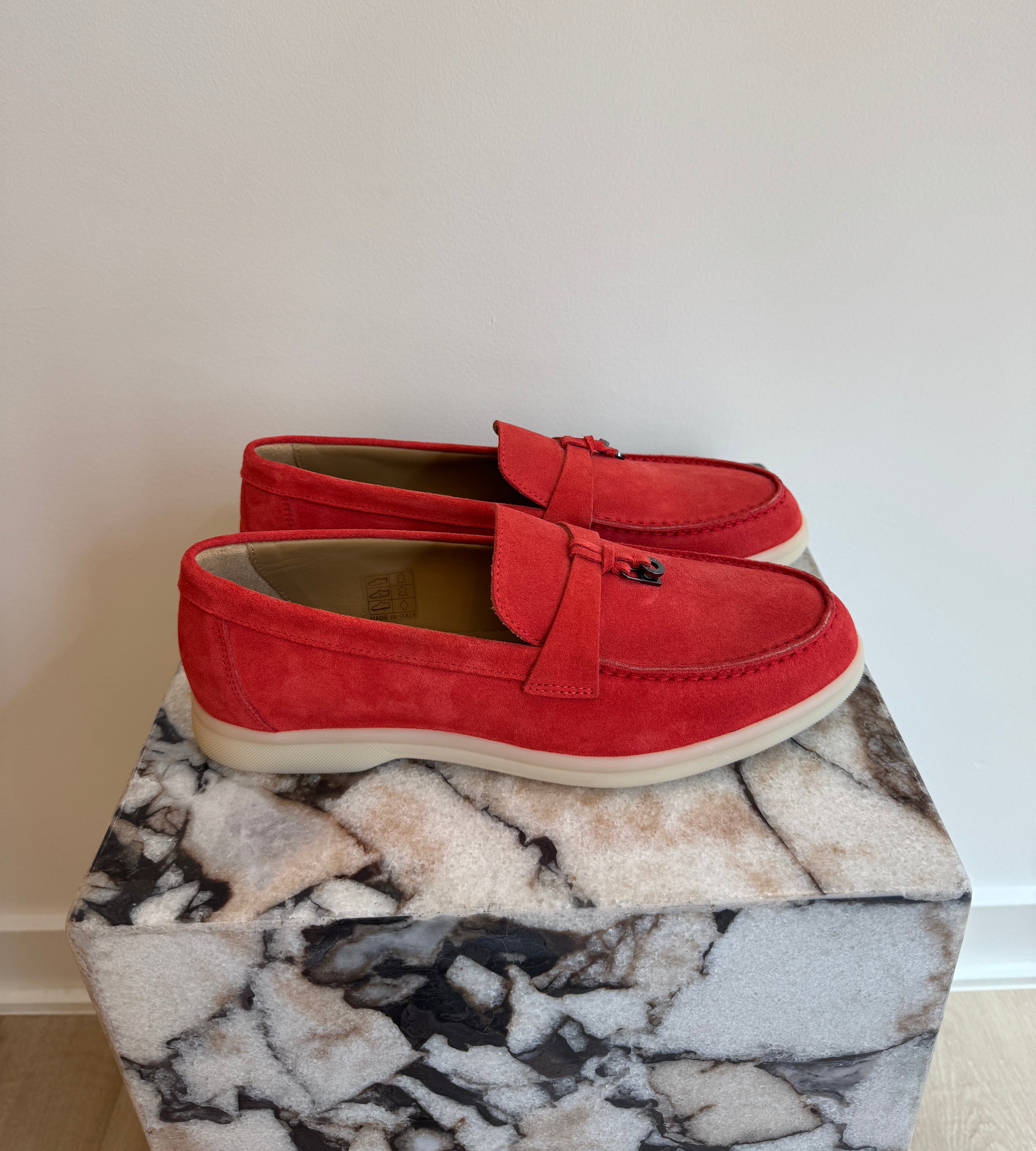 Women's Italian Suede Loafers - Red Slip-On Leather Flats With Lightweight Sole