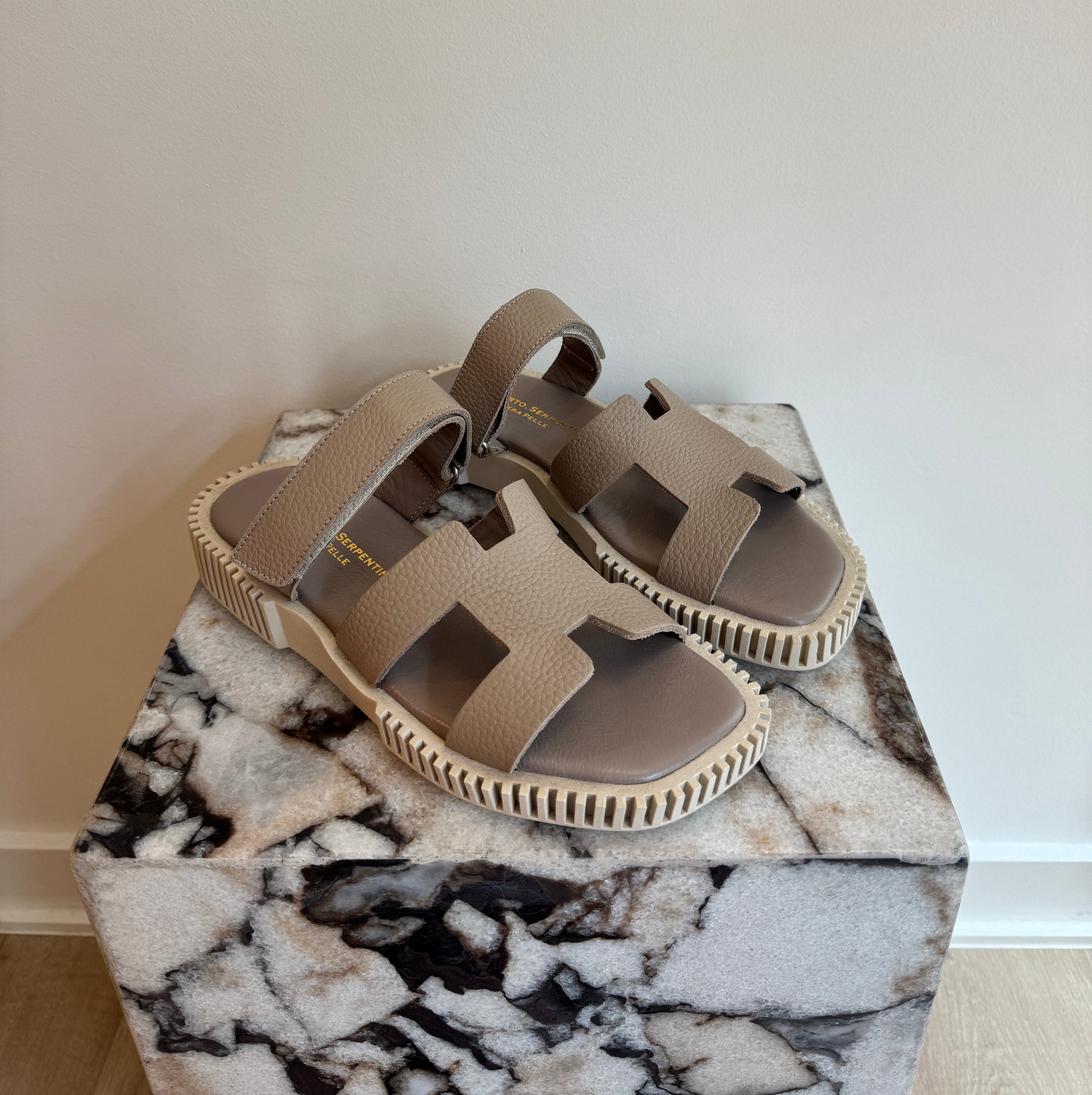 Women's Italian Leather Platform Sandals - Taupe Comport Slides With Chunky Sole