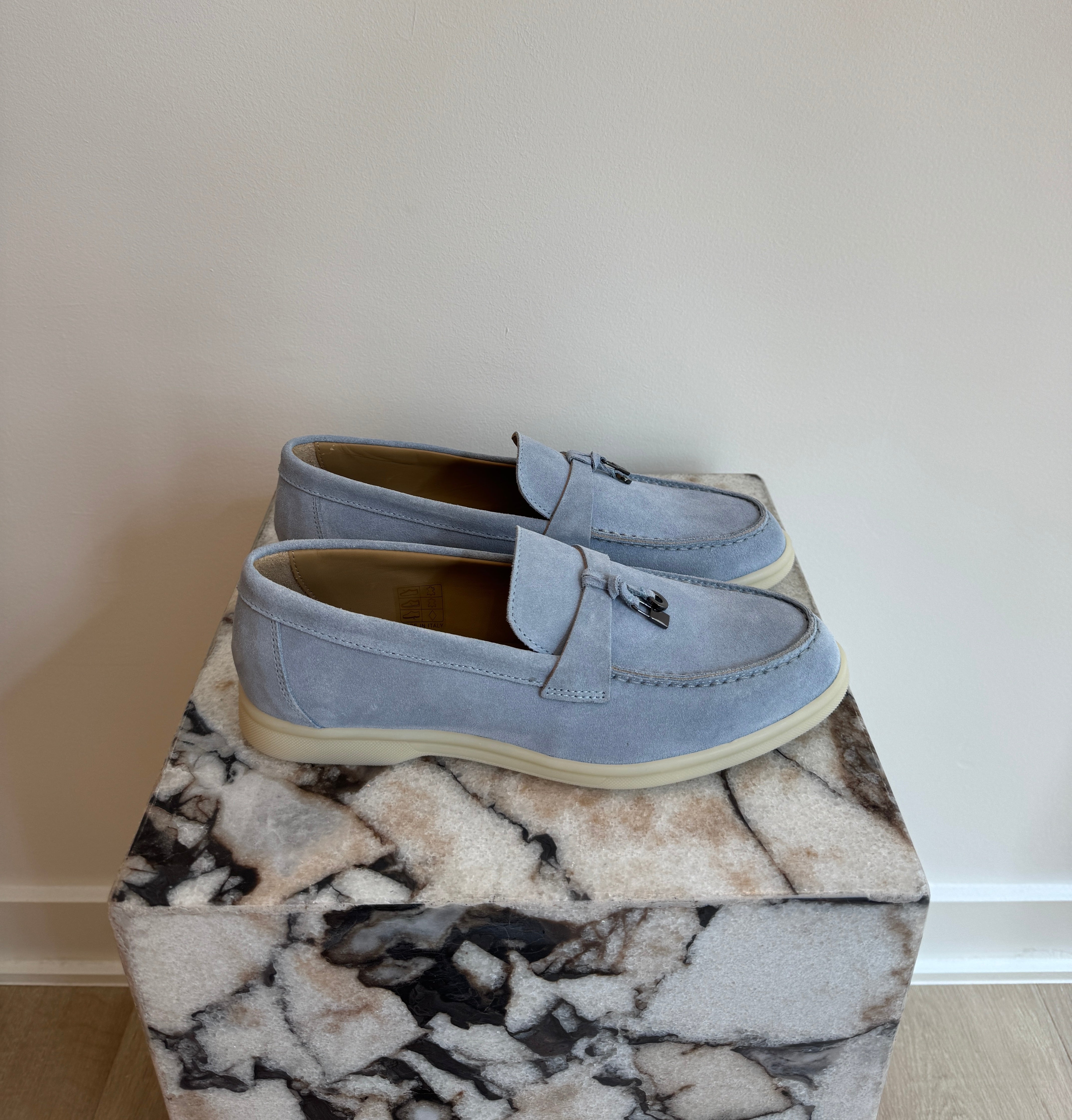 Women's Italian Suede Loafers - Light Blue Slip-On Leather Flats With Lightweight Sole