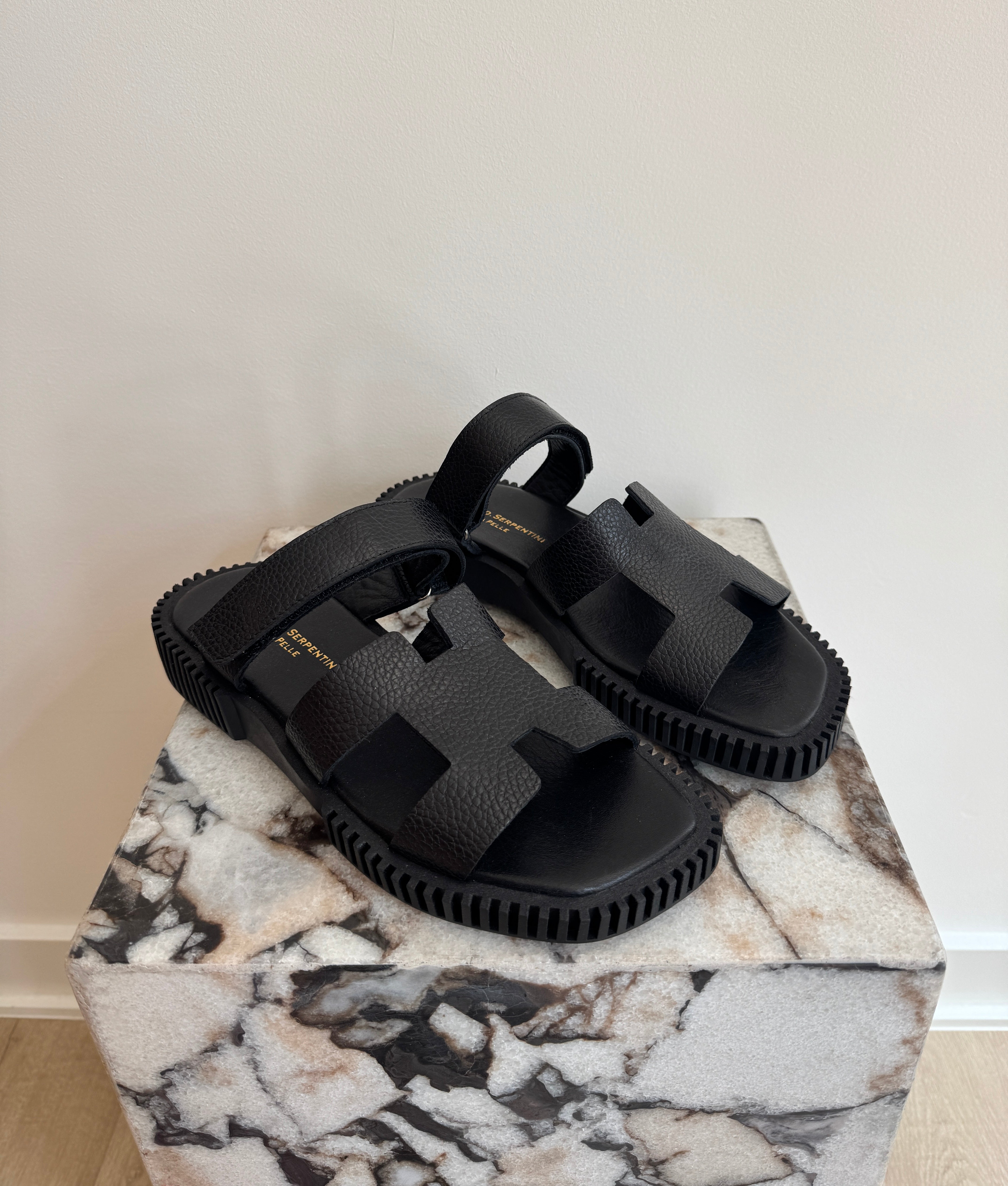 Women's Italian Leather Platform Sandals - Black Comfort Slides With Chunky Sole