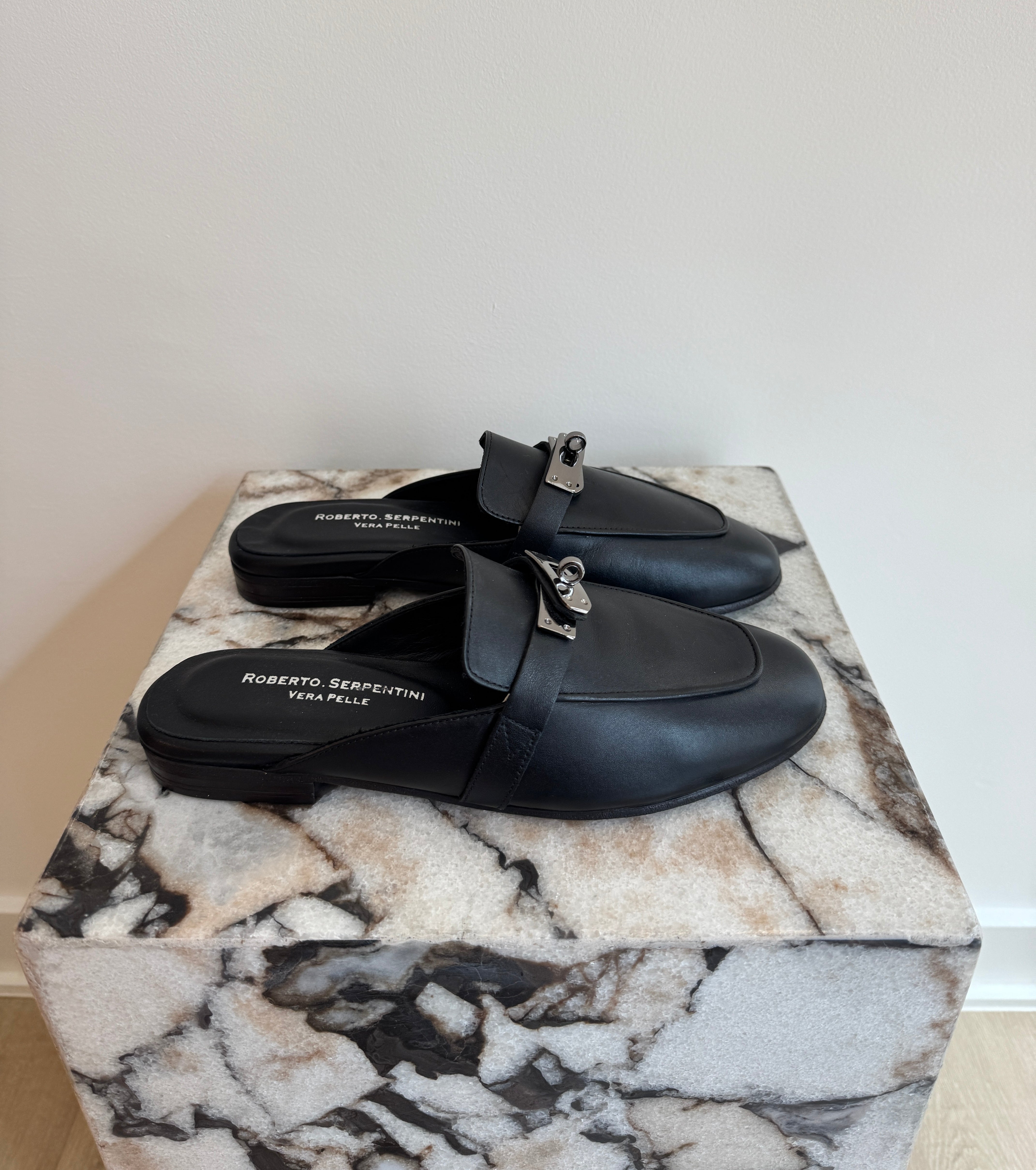 Women's Italian Leather Backless Loafers - Black Slip-On Mule Flats With Silver Hardware