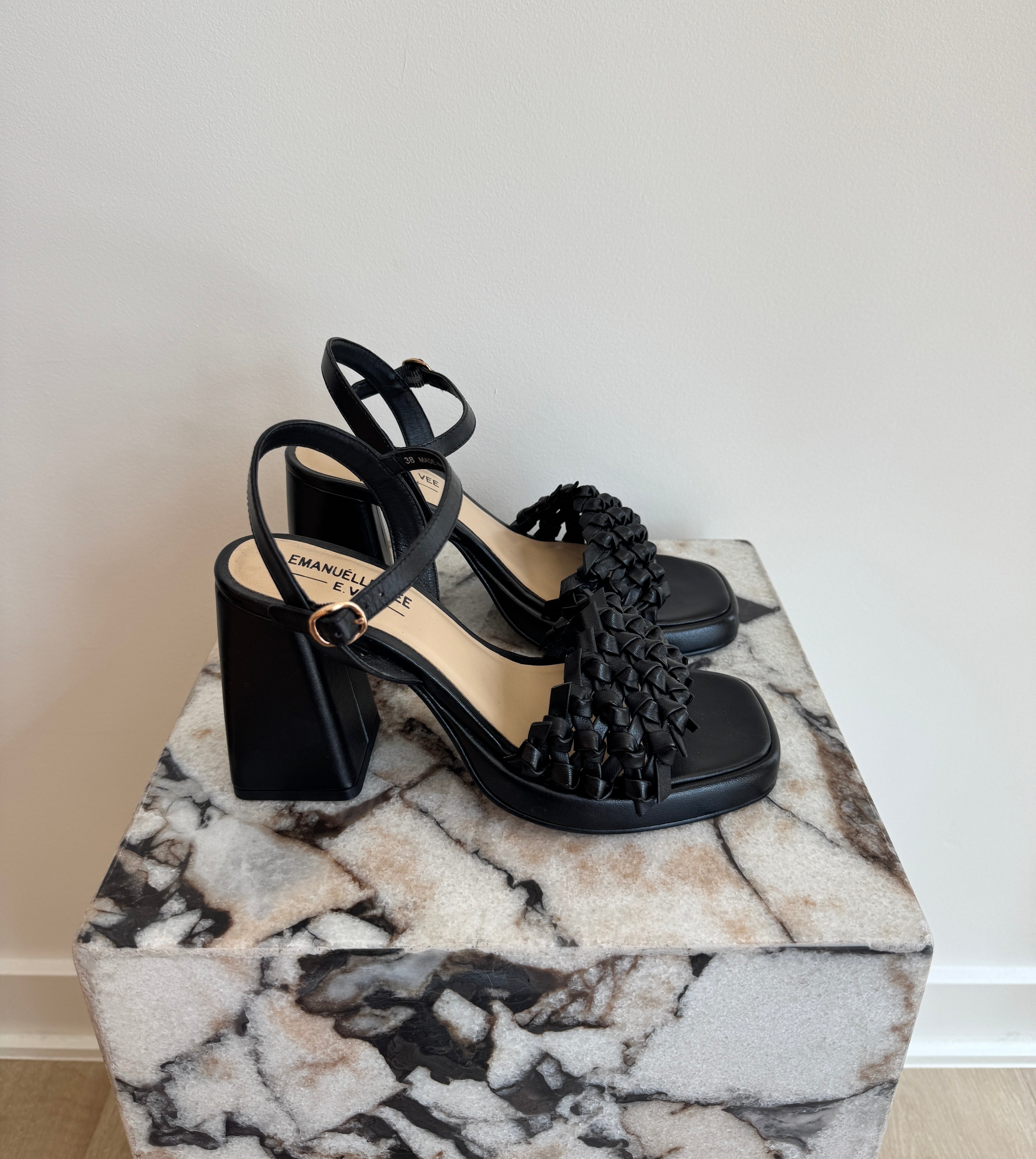 Women's Leather Block Heel Sandals - Black Woven Strap Ankle Strap Heels
