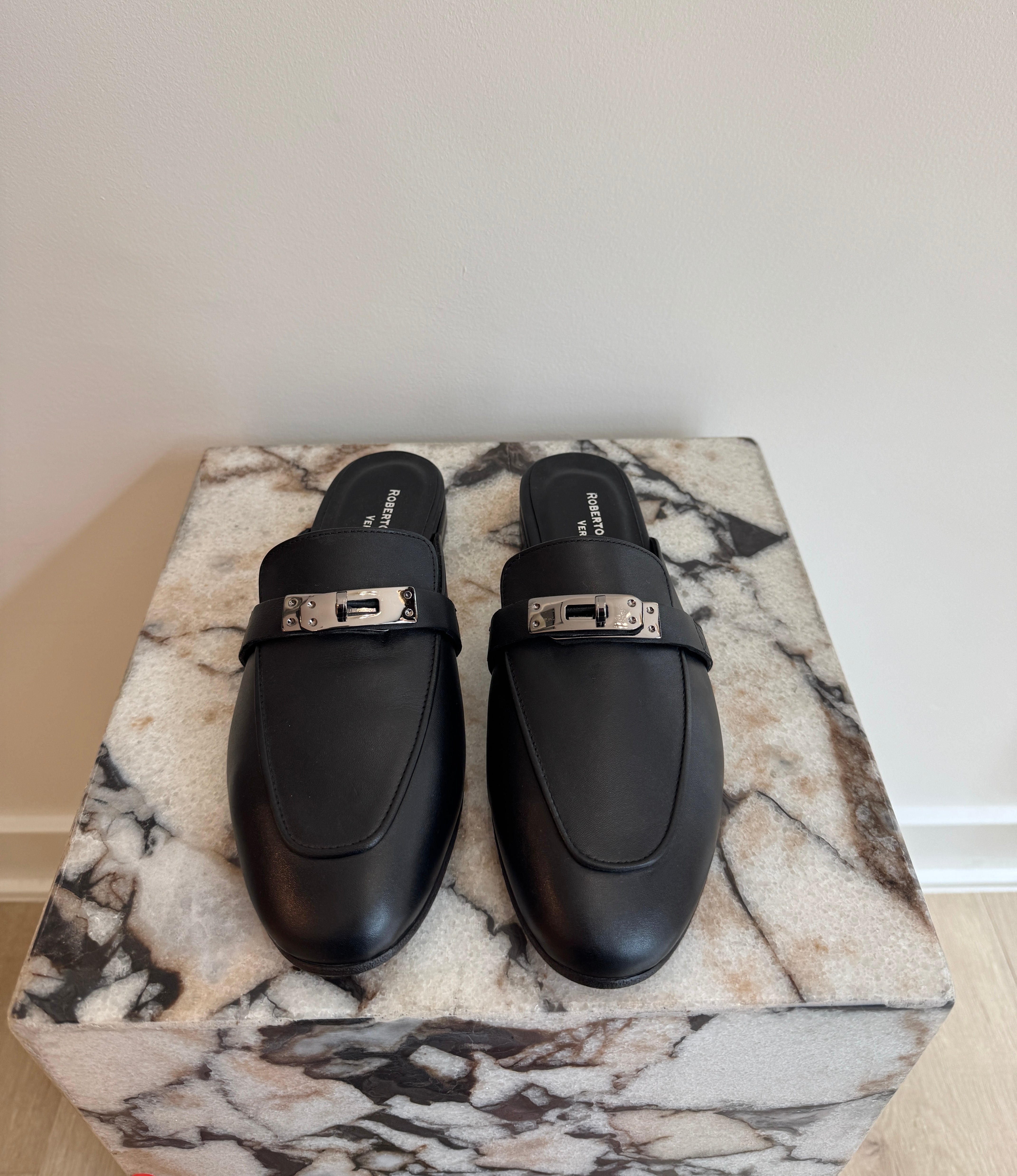 Women's Italian Leather Backless Loafers - Black Slip-On Mule Flats With Silver Hardware