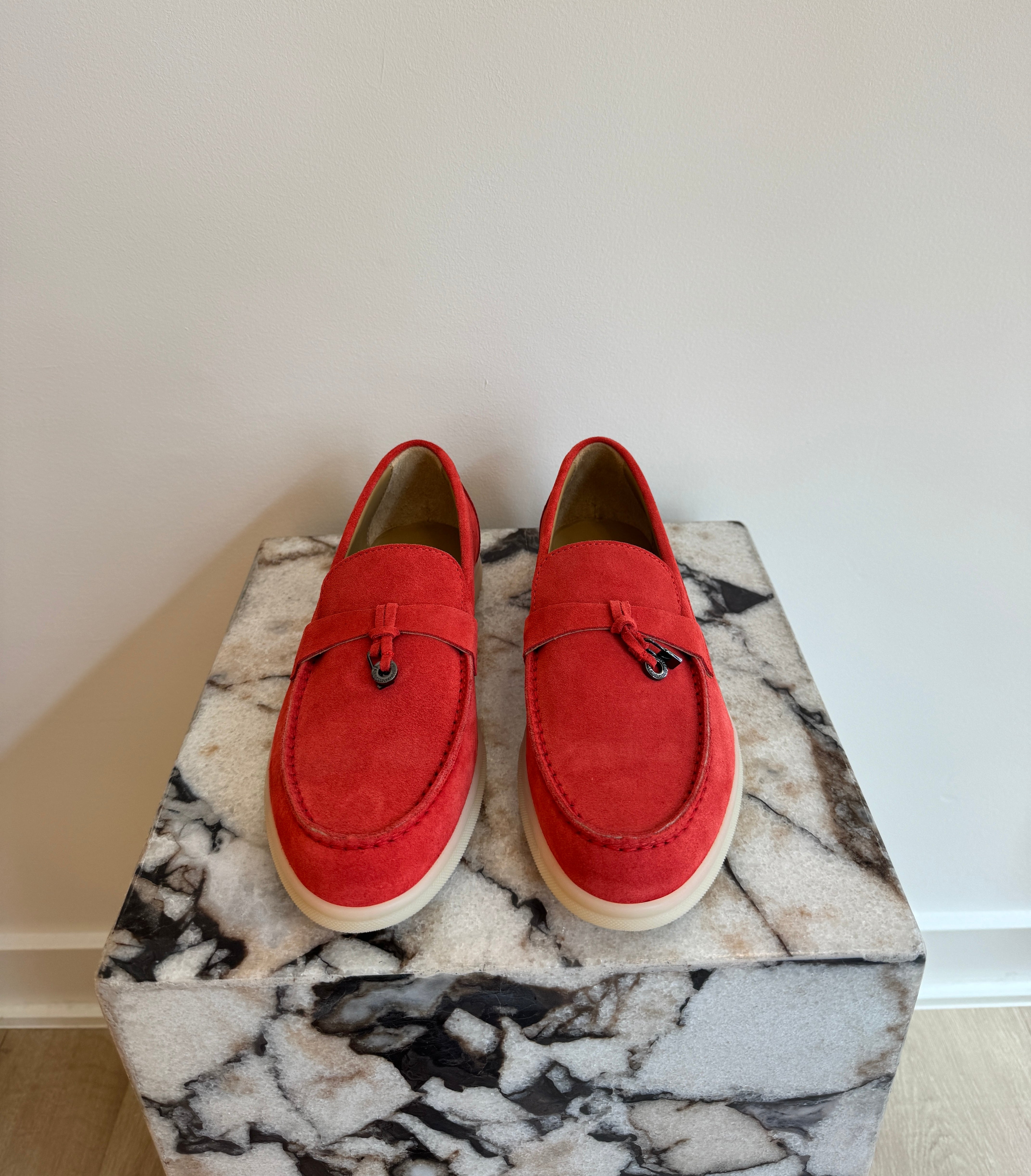 Women's Italian Suede Loafers - Red Slip-On Leather Flats With Lightweight Sole