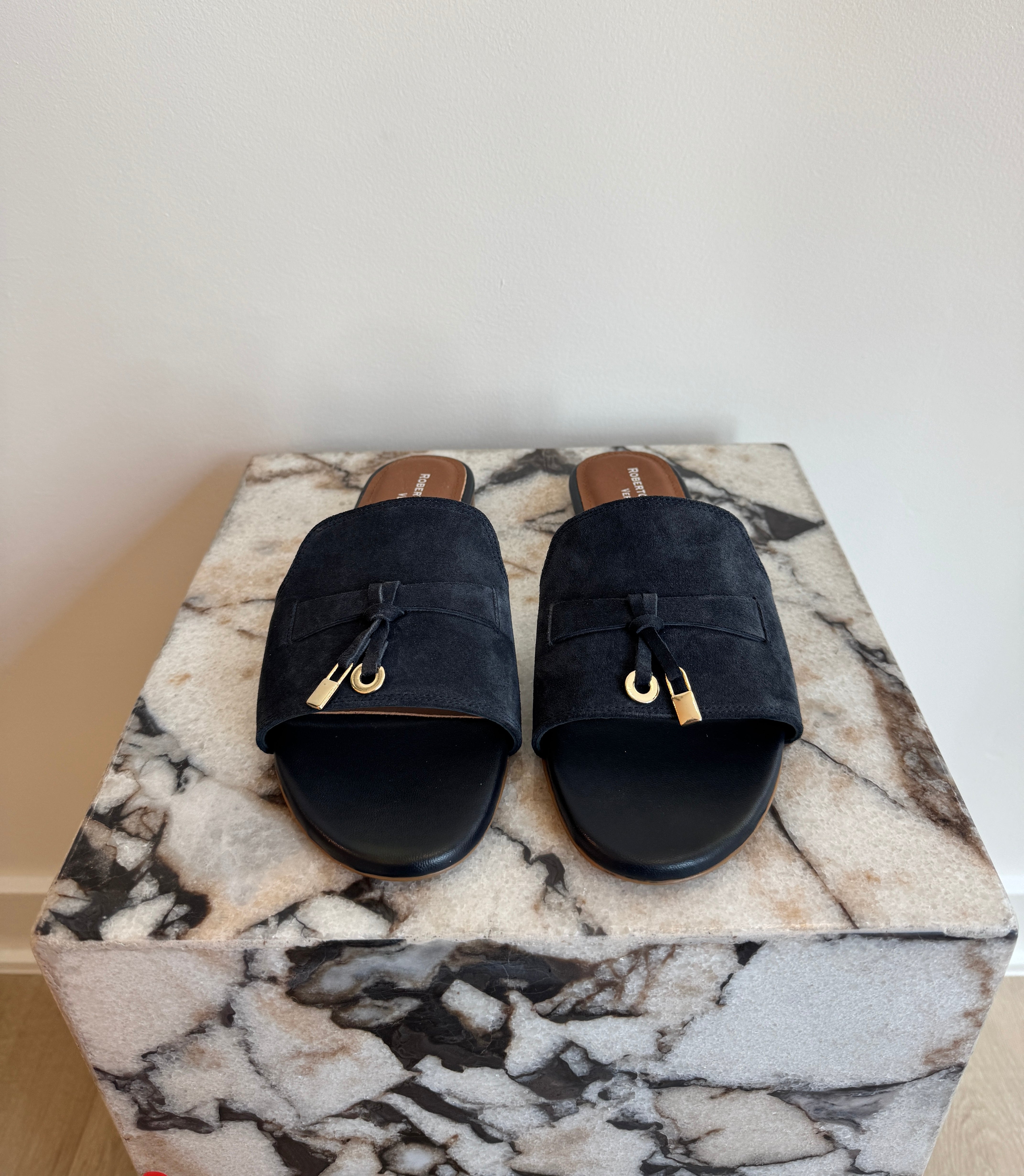 Women's Italian Suede Slide Sandals - Navy Leather Flat Mules