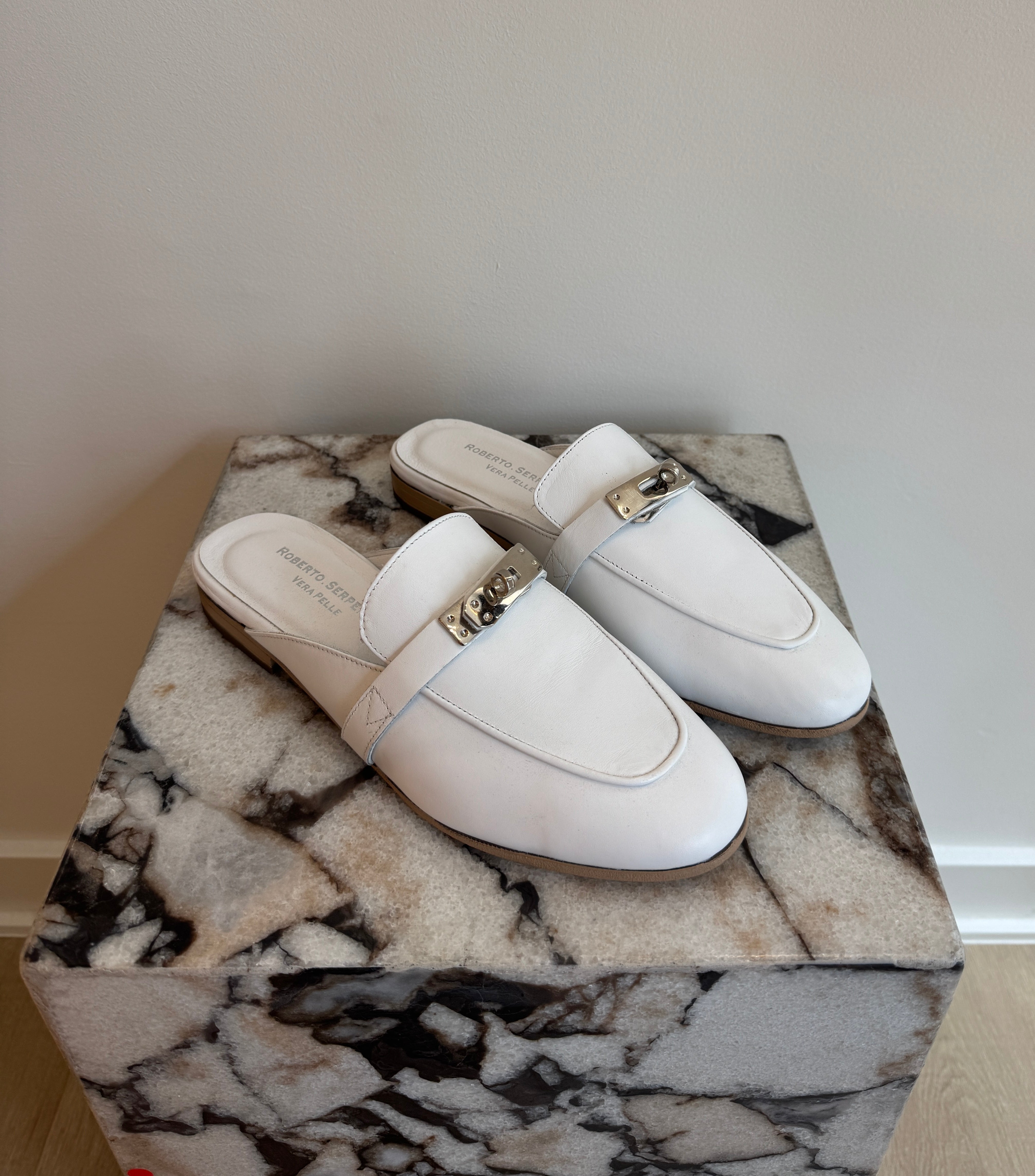 Women's Italian Leather Backless Loafers - White Slip-On Mule Flats With Silver Hardware