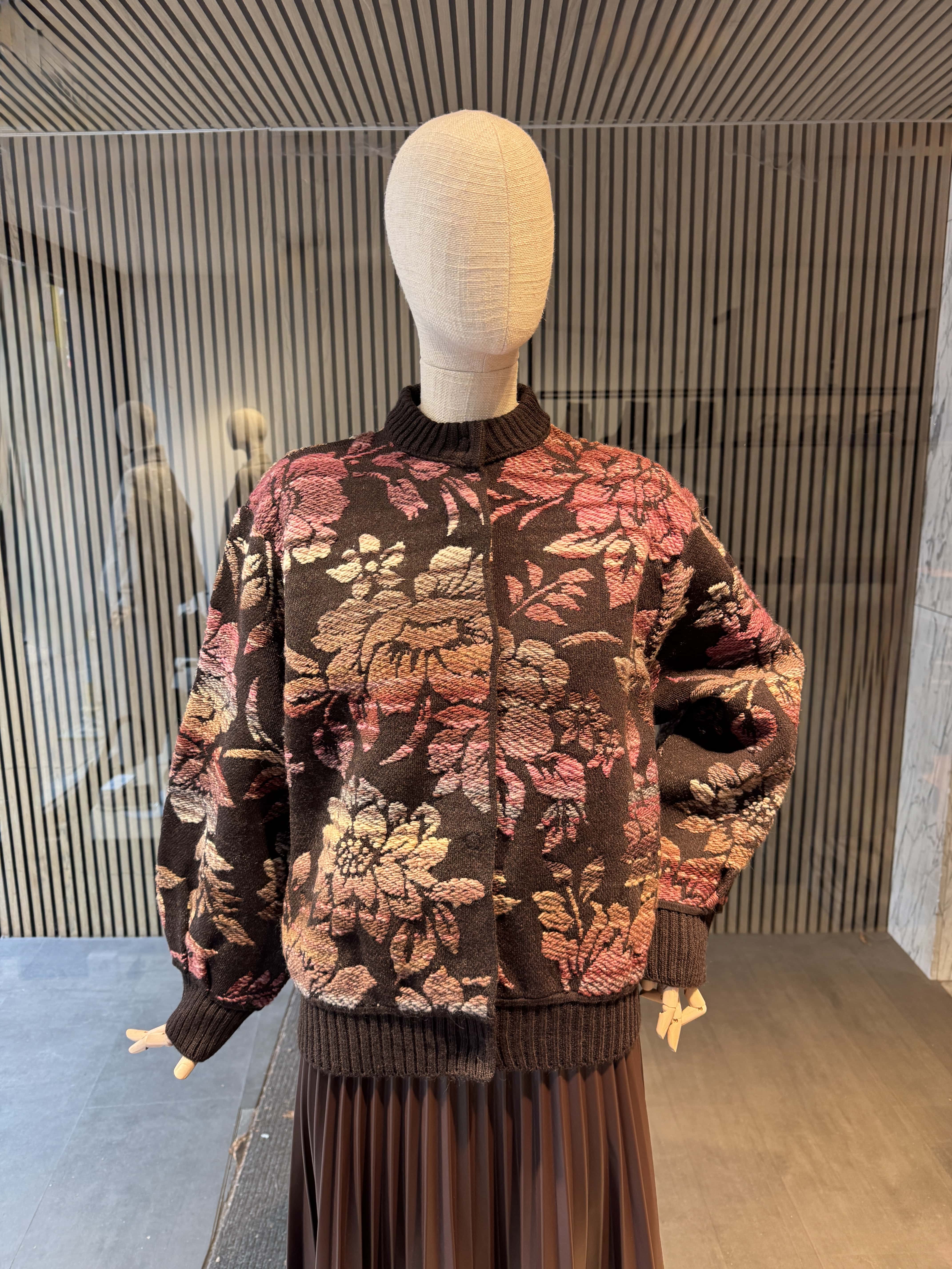 Relaxed fit chocolate printed knitted bomber jacket