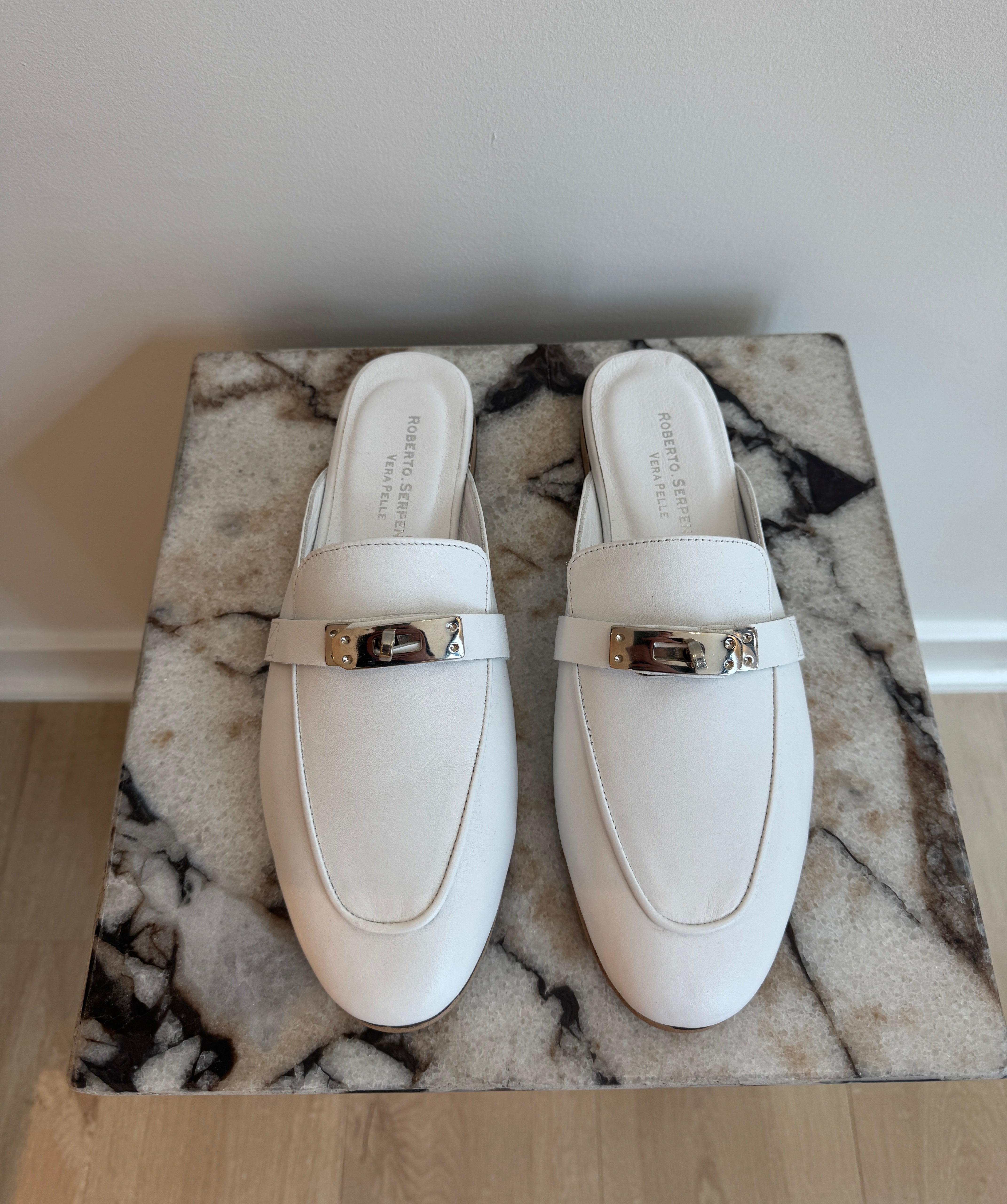 Women's Italian Leather Backless Loafers - White Slip-On Mule Flats With Silver Hardware