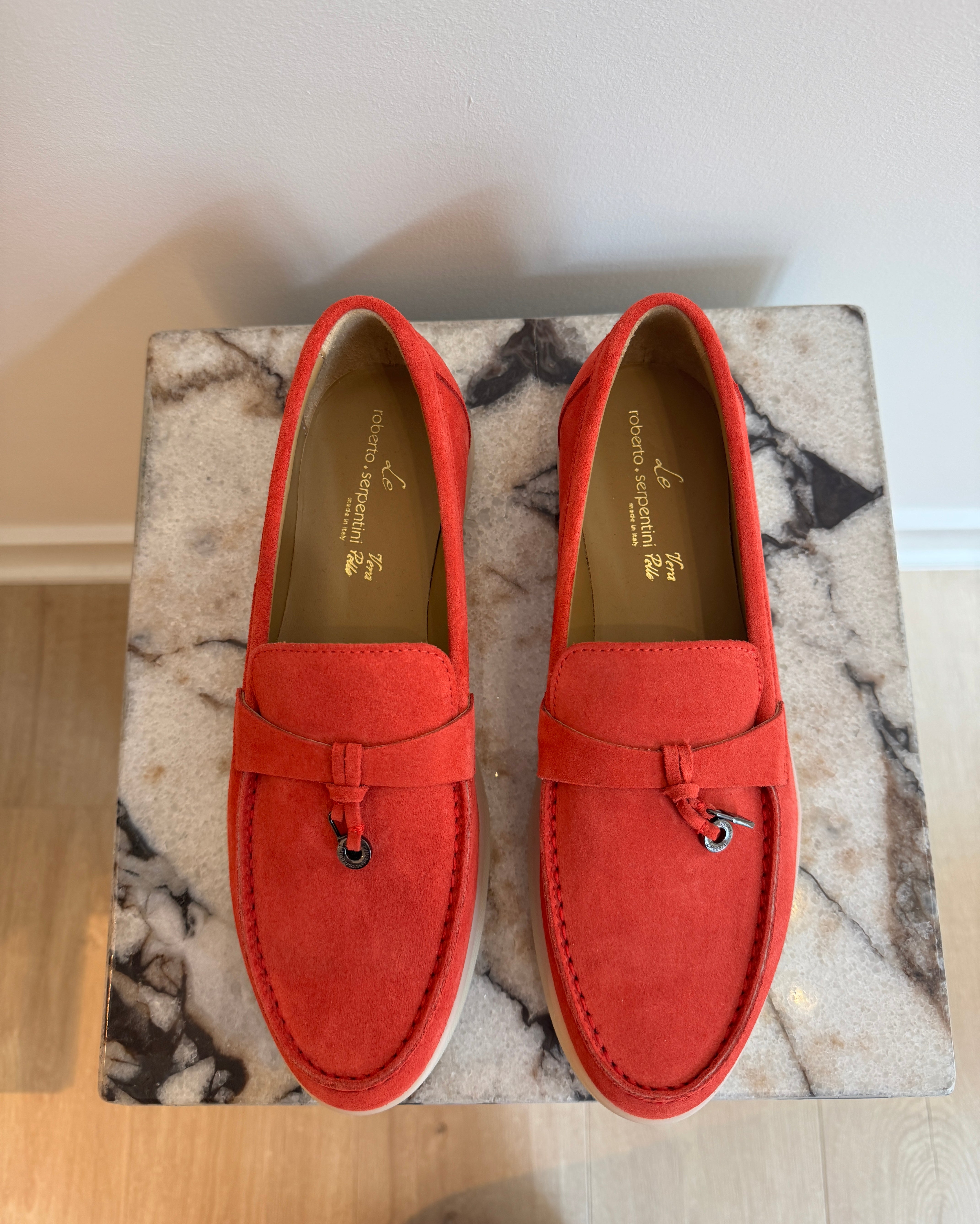 Women's Italian Suede Loafers - Red Slip-On Leather Flats With Lightweight Sole