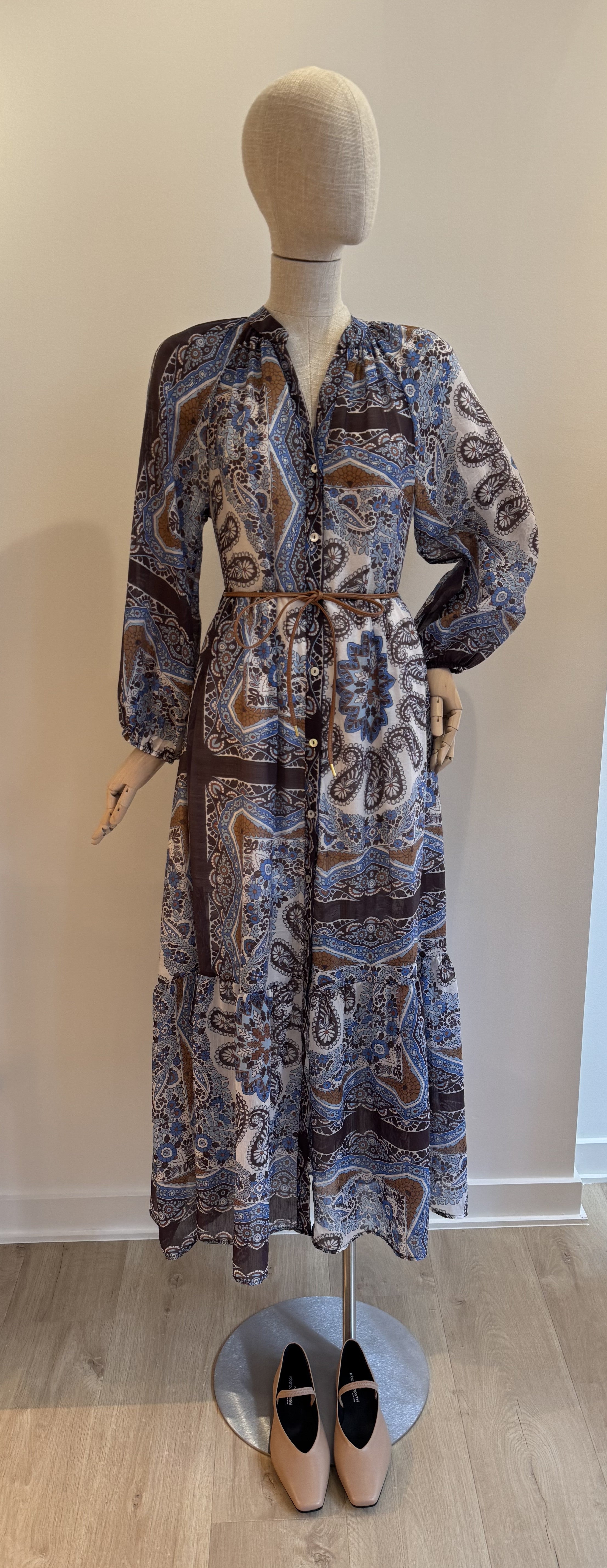 Brown blue printed dress