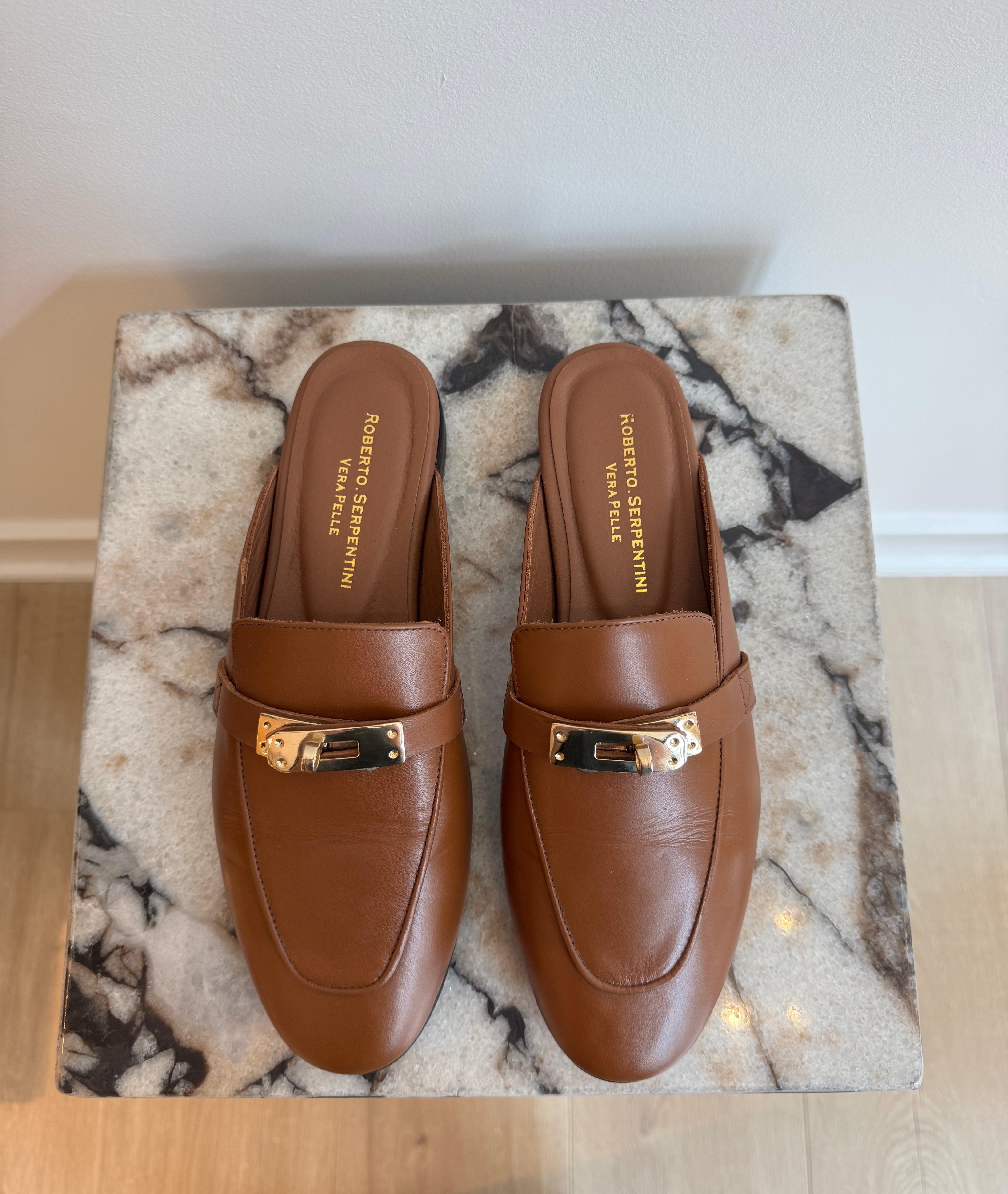 Women's Italian Leather Backless Loafers - Cognac Slip-On Mule Flats With Gold Hardware