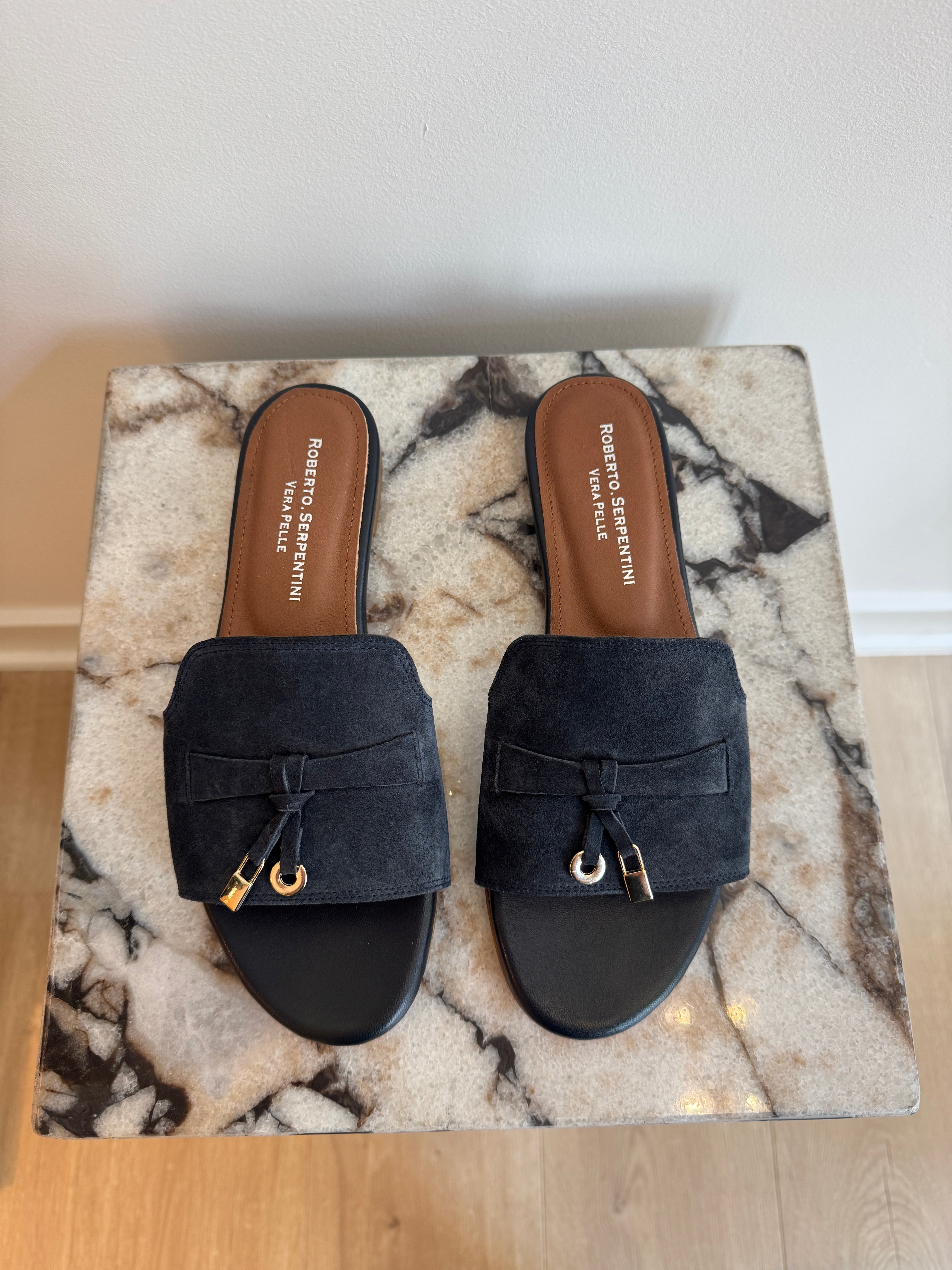 Women's Italian Suede Slide Sandals - Navy Leather Flat Mules