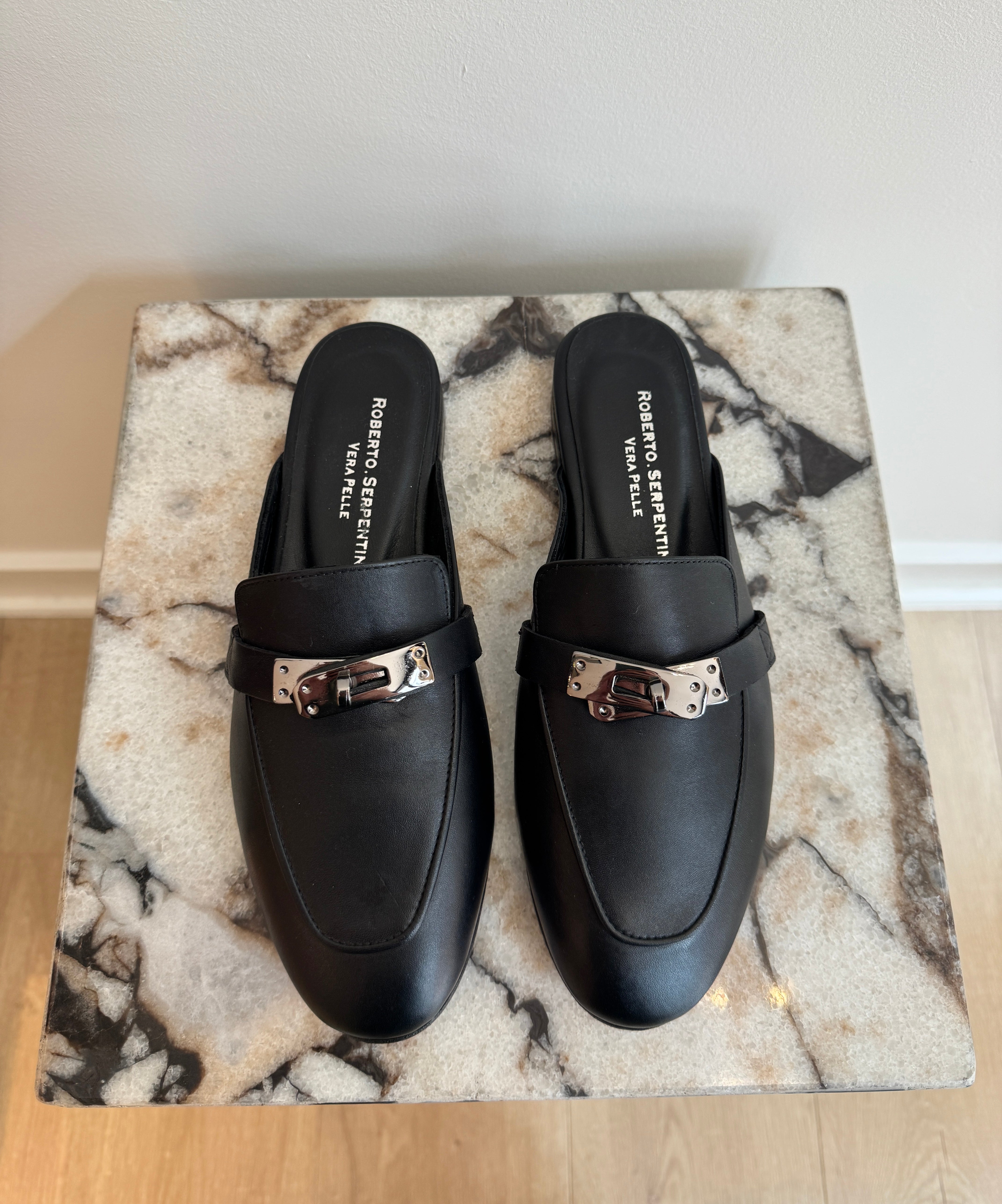 Women's Italian Leather Backless Loafers - Black Slip-On Mule Flats With Silver Hardware