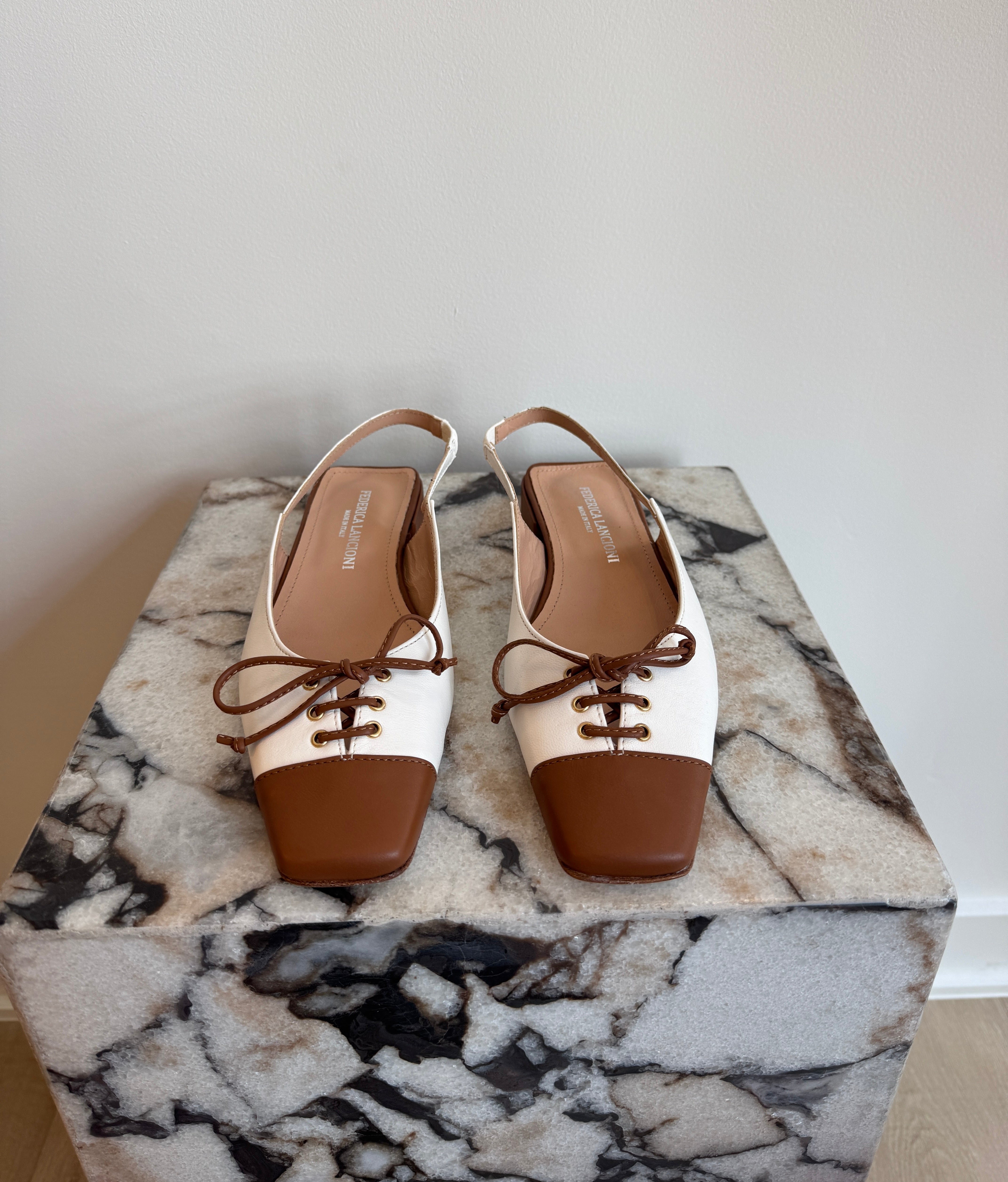Women's Italian Leather Two-Tone Slingback Ballet Flats - Brown & Cream Square Toe