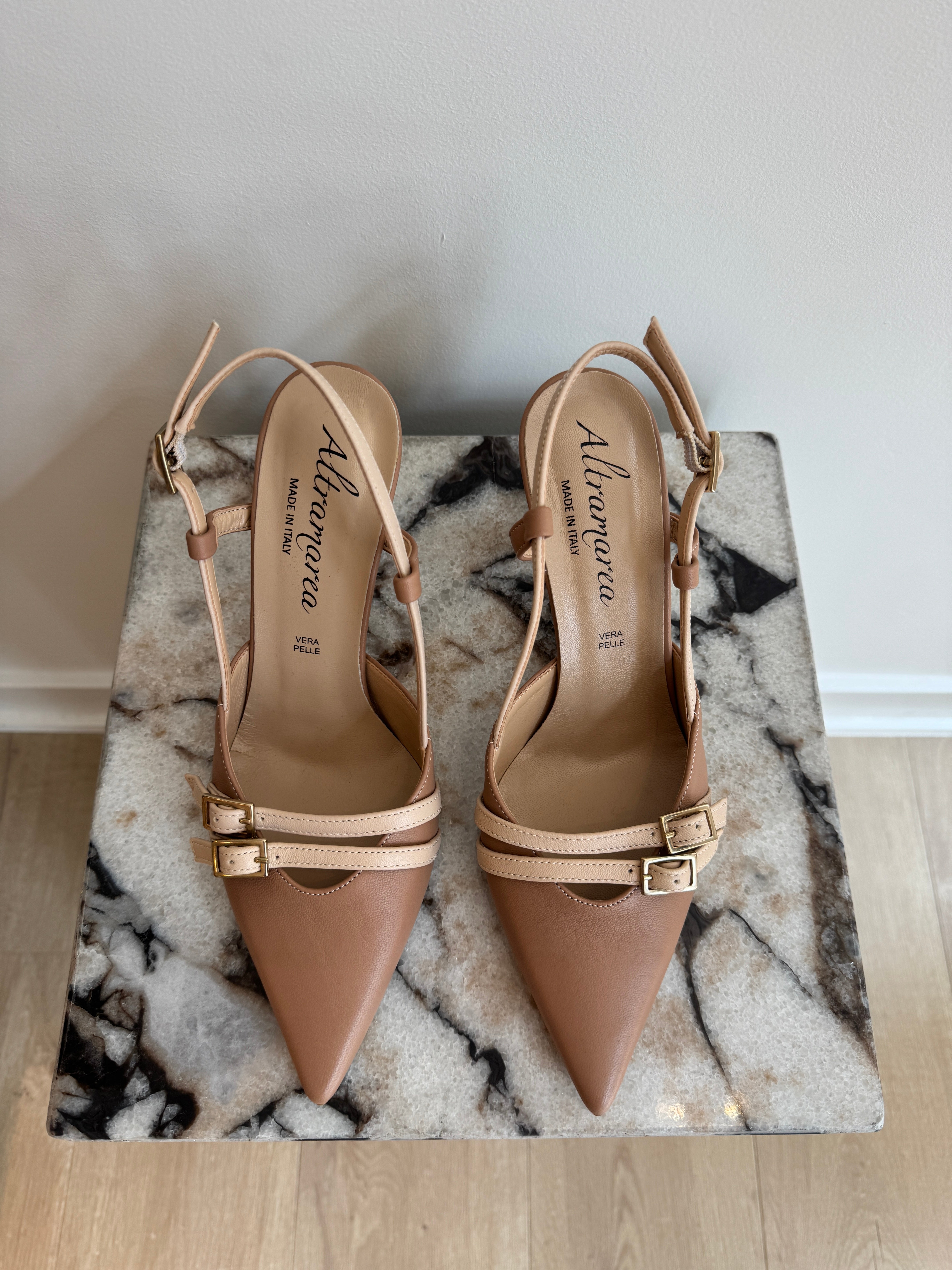Women's Italian Leather Slingback Pumps - Nude Pointed Toe Kitten Heels With Buckle Detail