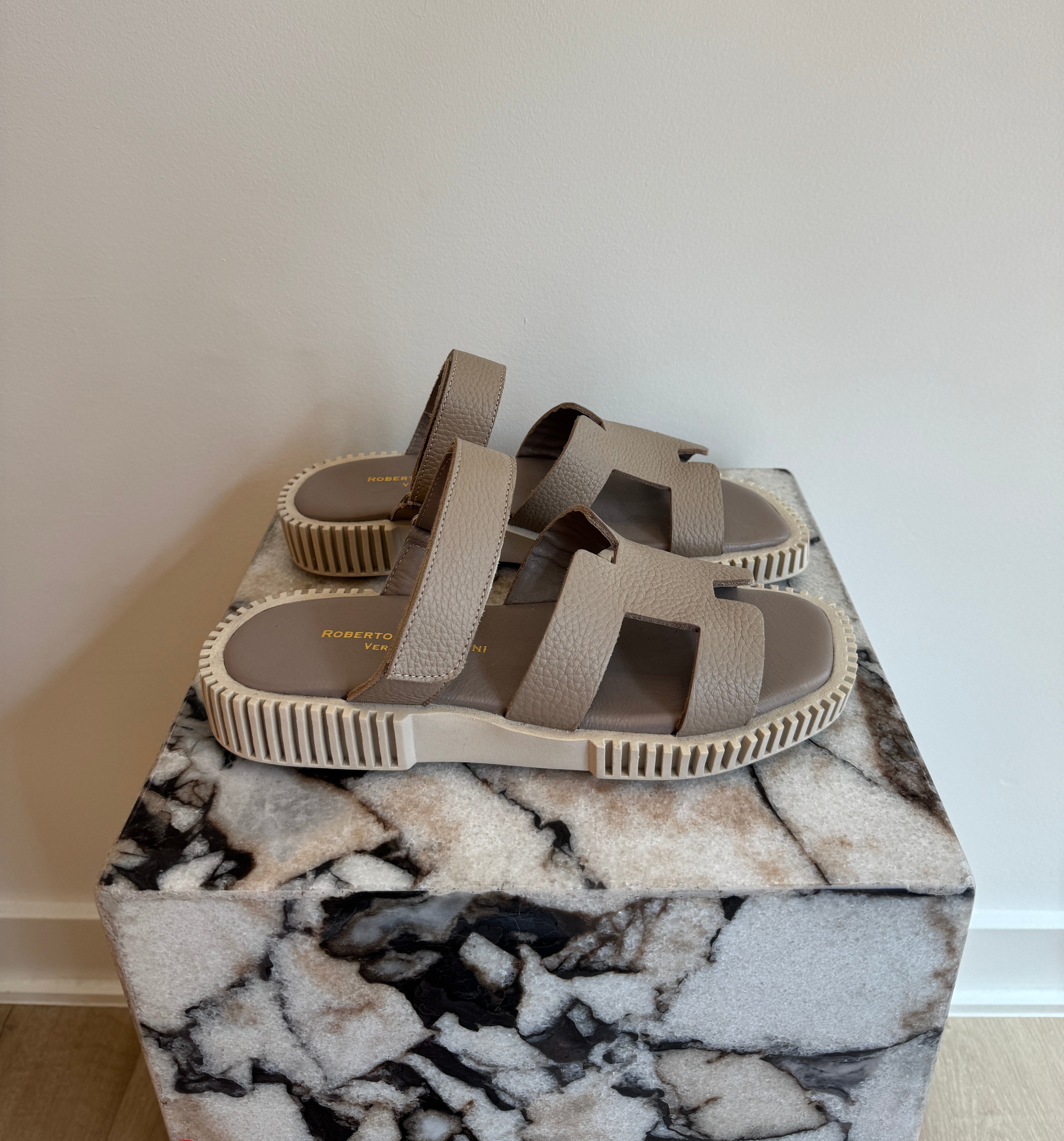 Women's Italian Leather Platform Sandals - Taupe Comport Slides With Chunky Sole