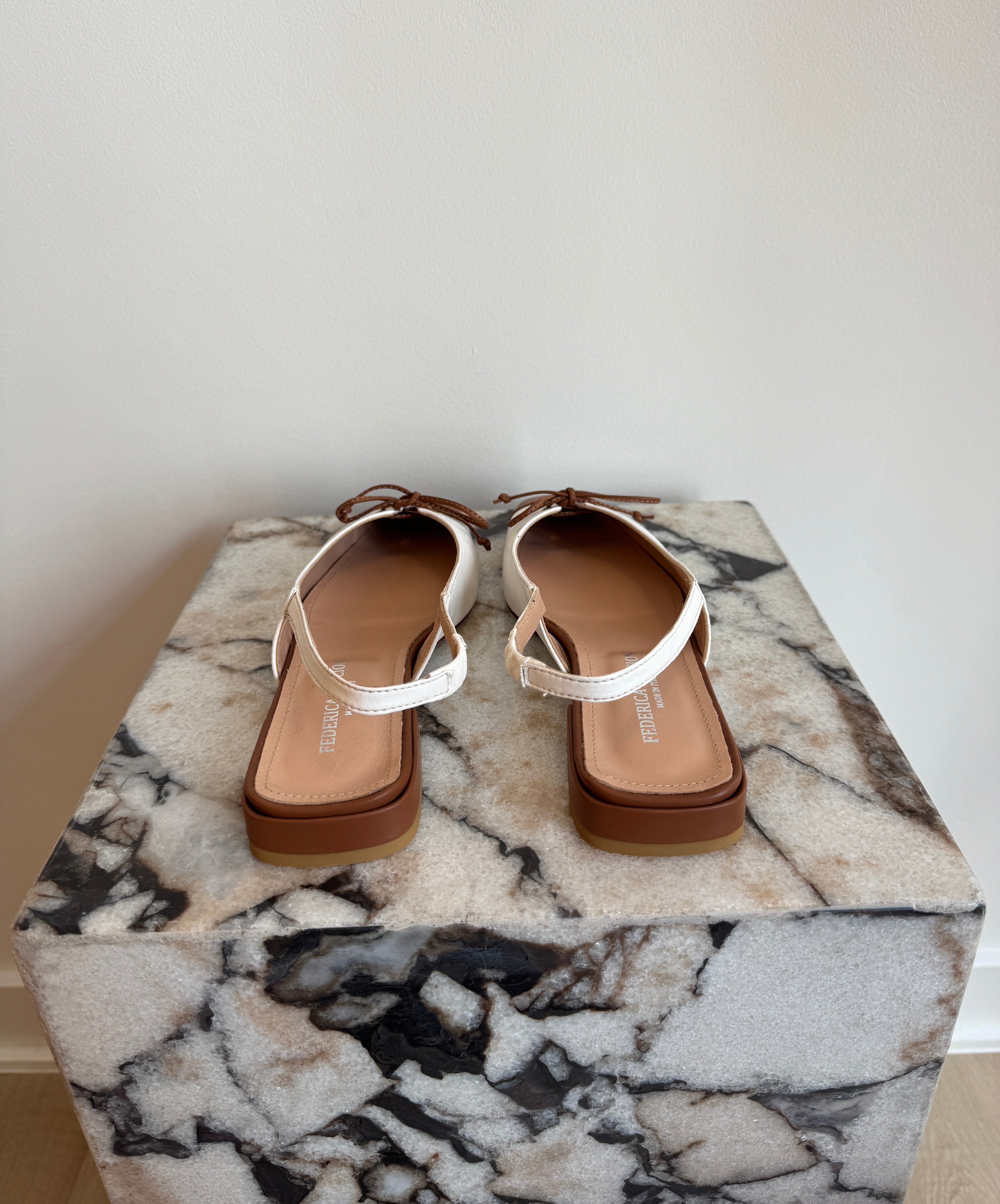 Women's Italian Leather Two-Tone Slingback Ballet Flats - Brown & Cream Square Toe