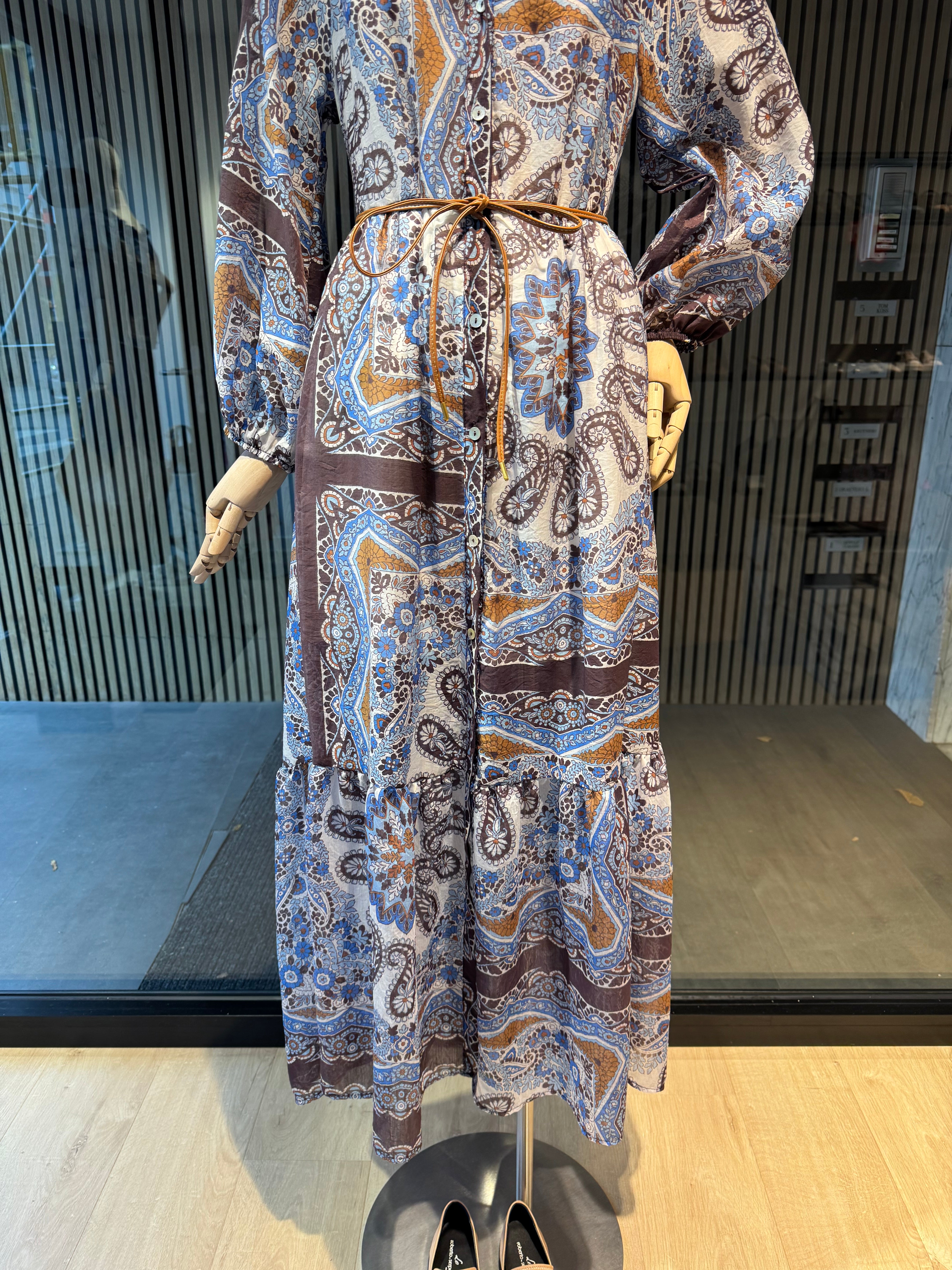 Brown blue printed dress
