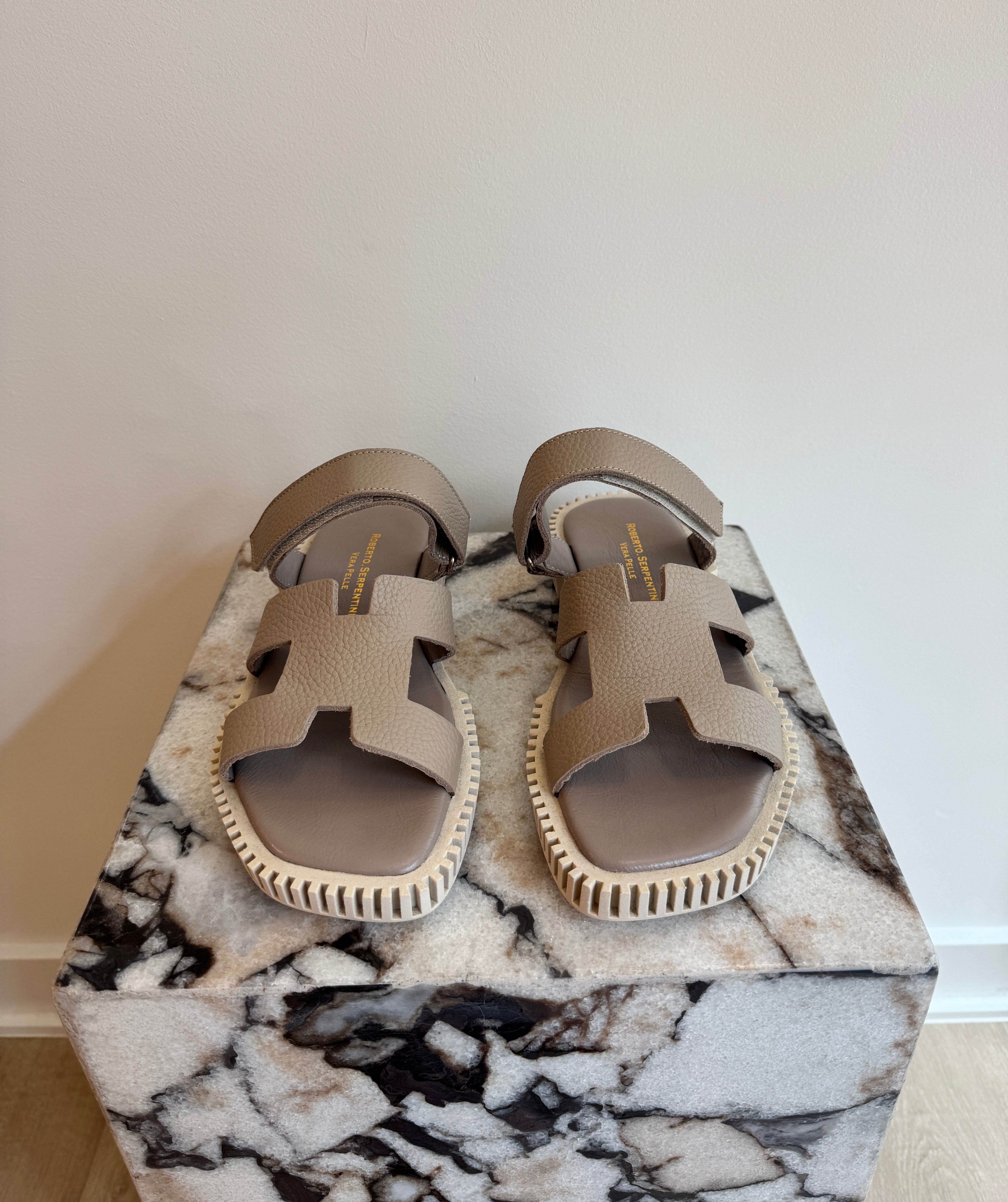 Women's Italian Leather Platform Sandals - Taupe Comport Slides With Chunky Sole