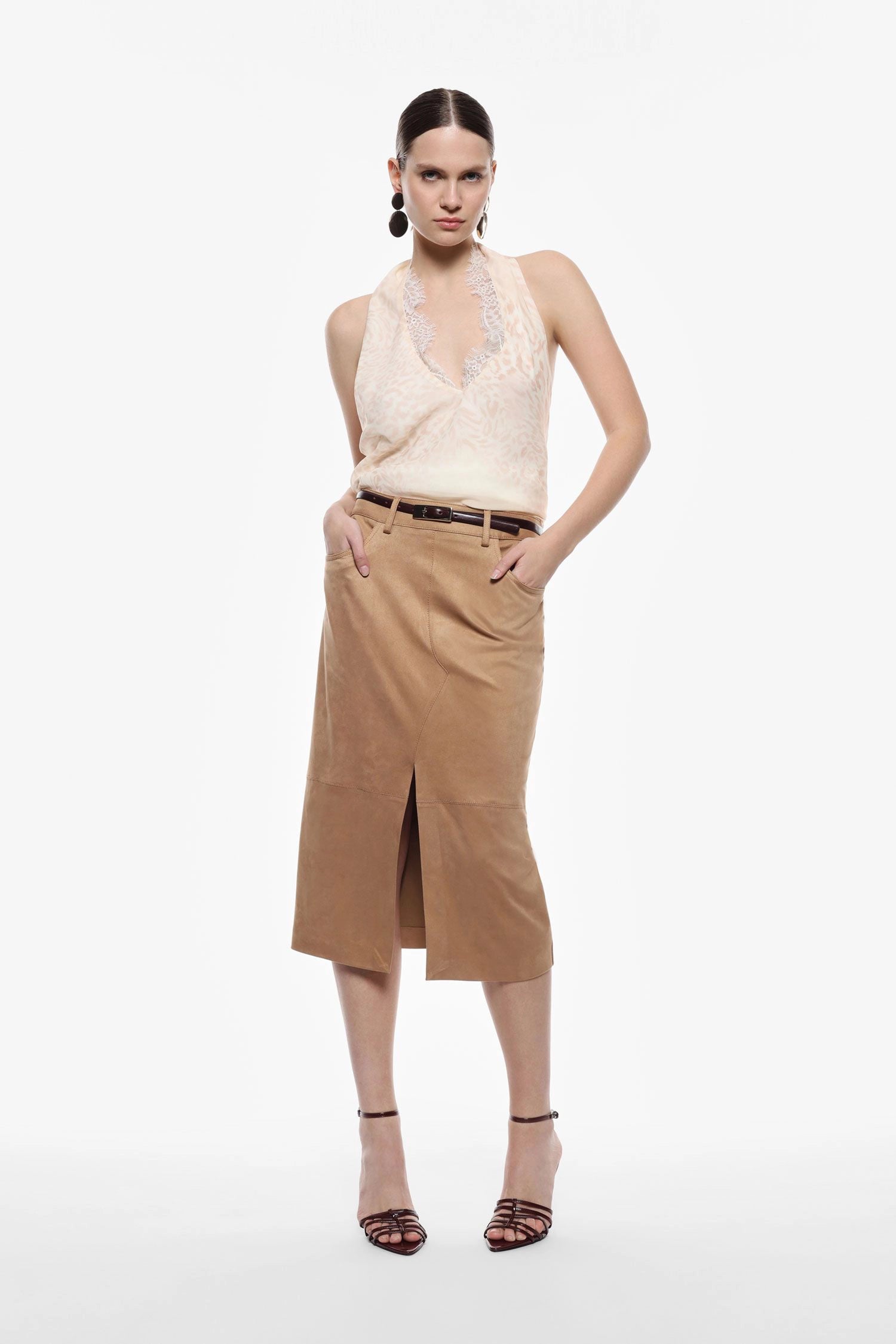 Midi Suede-Effect Skirt With Front Slit