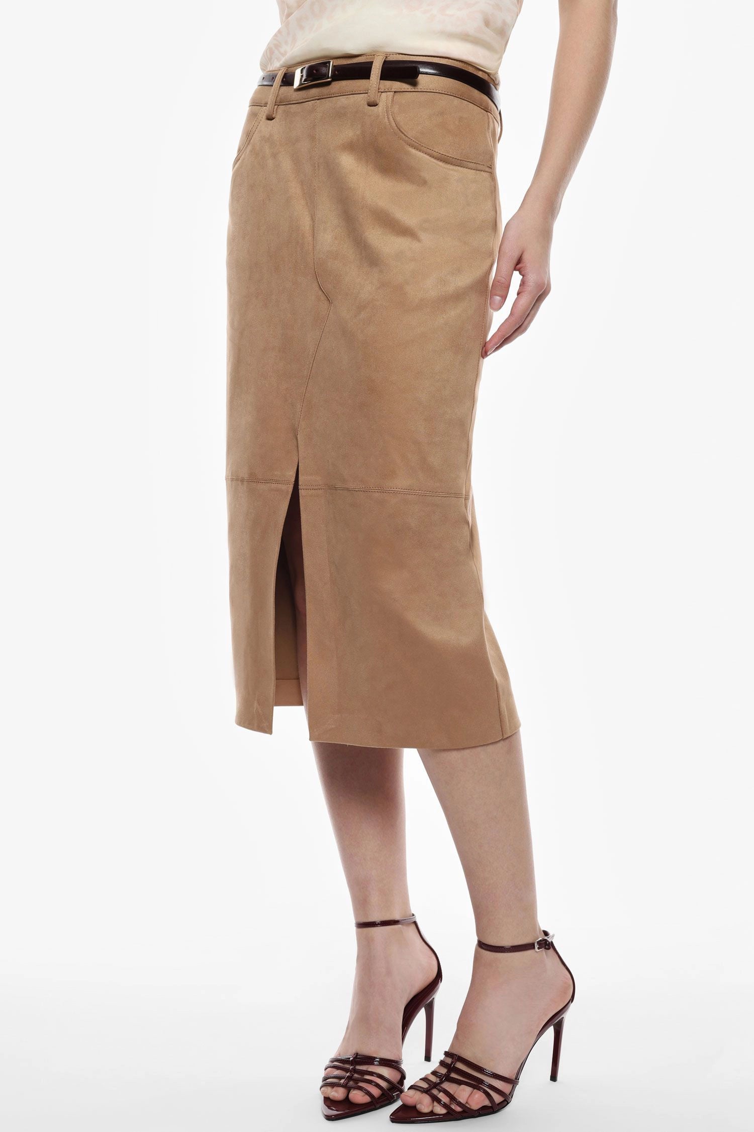 Midi Suede-Effect Skirt With Front Slit